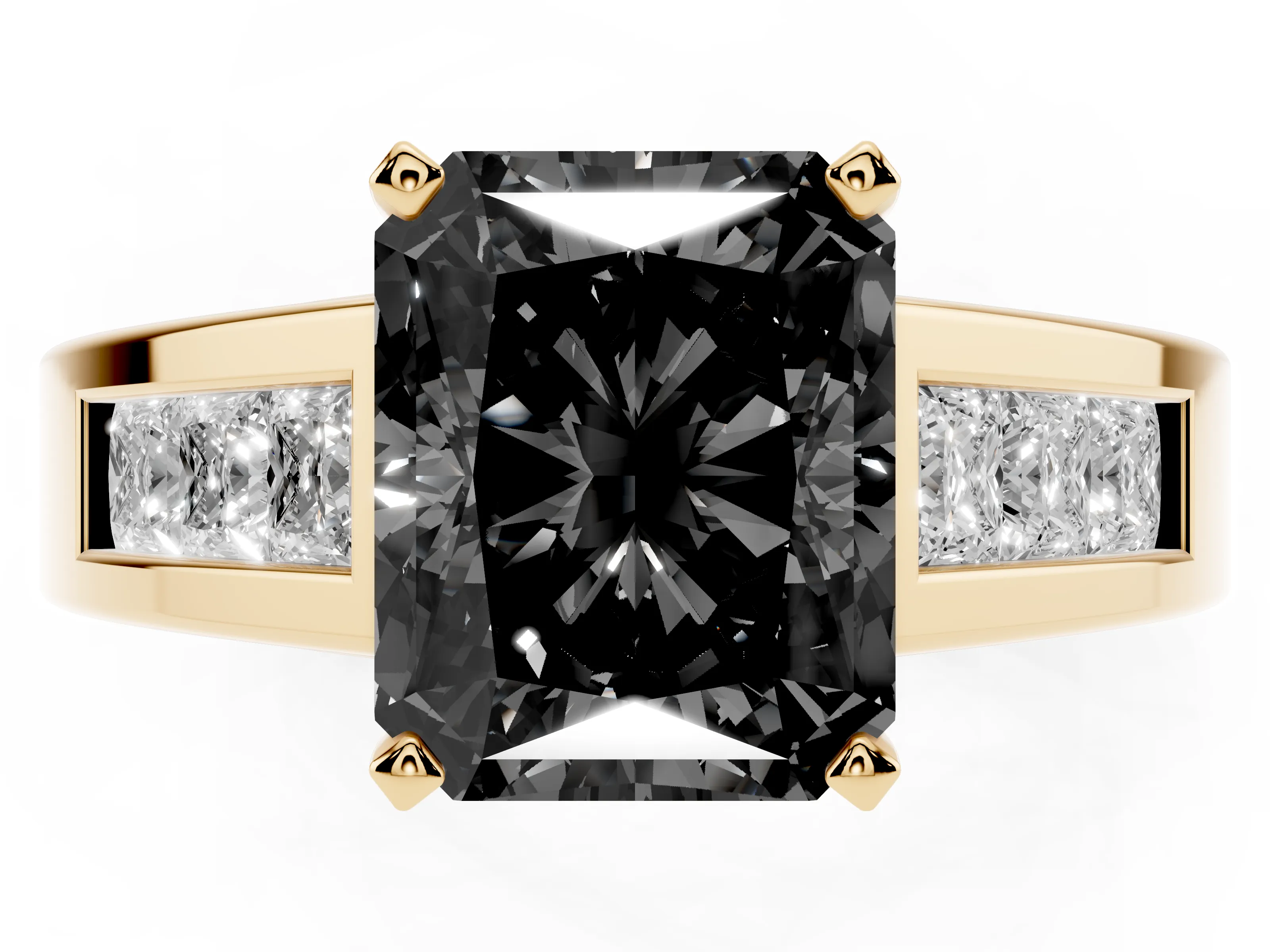 Fancy Black Radiant Cut Diamond Solitaire Ring Set in Yellow gold with Channel-Set Accent Stones and Prong Setting