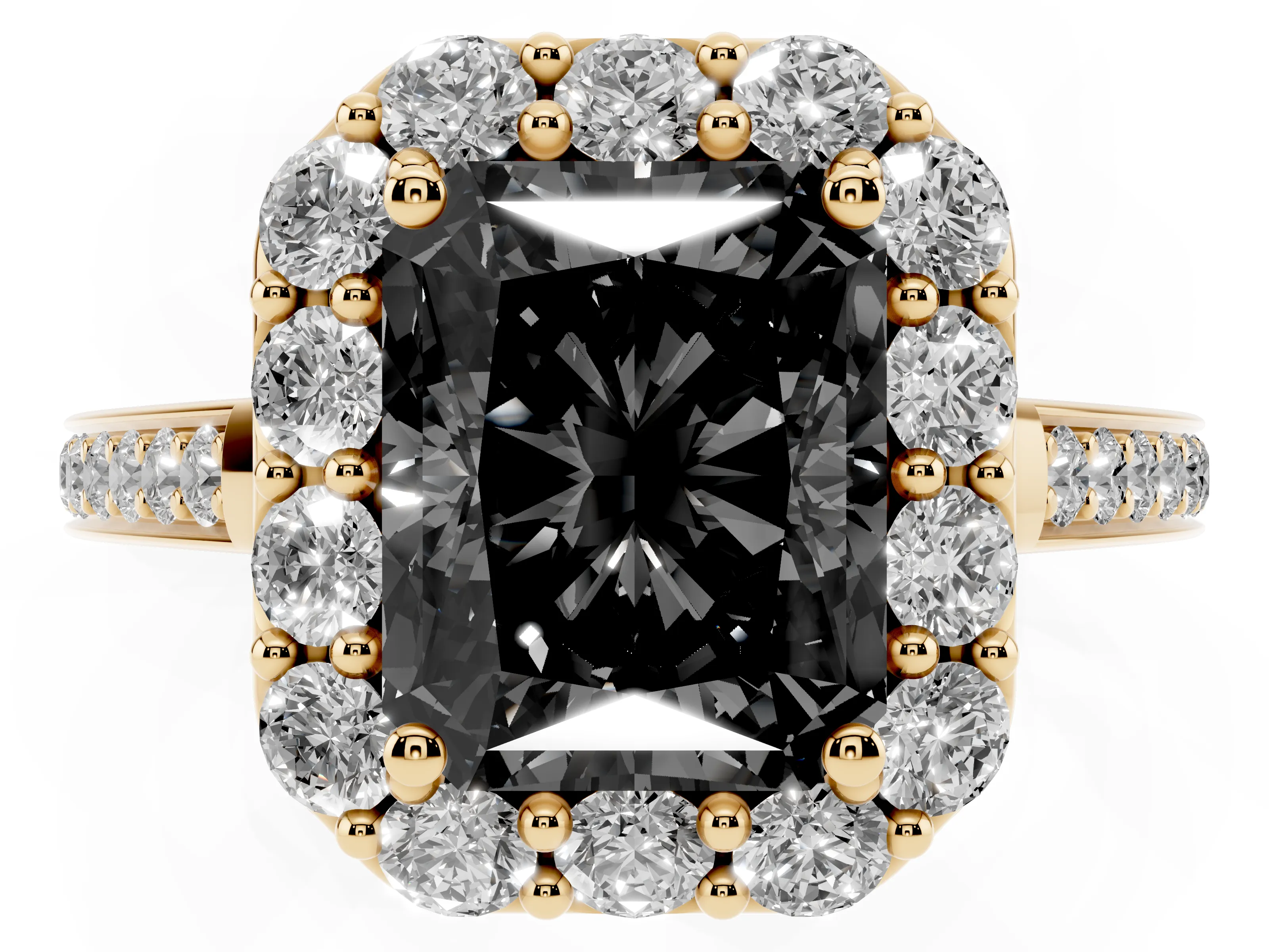 Fancy Black Radiant Cut Diamond Floral Halo Ring Set in Yellow gold with Pavé Band and Prong Setting