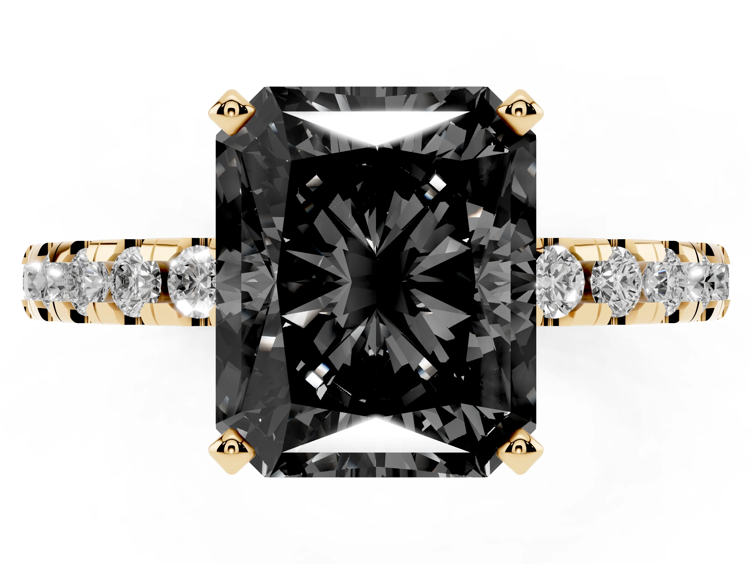 Fancy Black Radiant Cut Diamond Pavé Solitaire Ring Set in Yellow gold with Round Band Accents and Prong Setting
