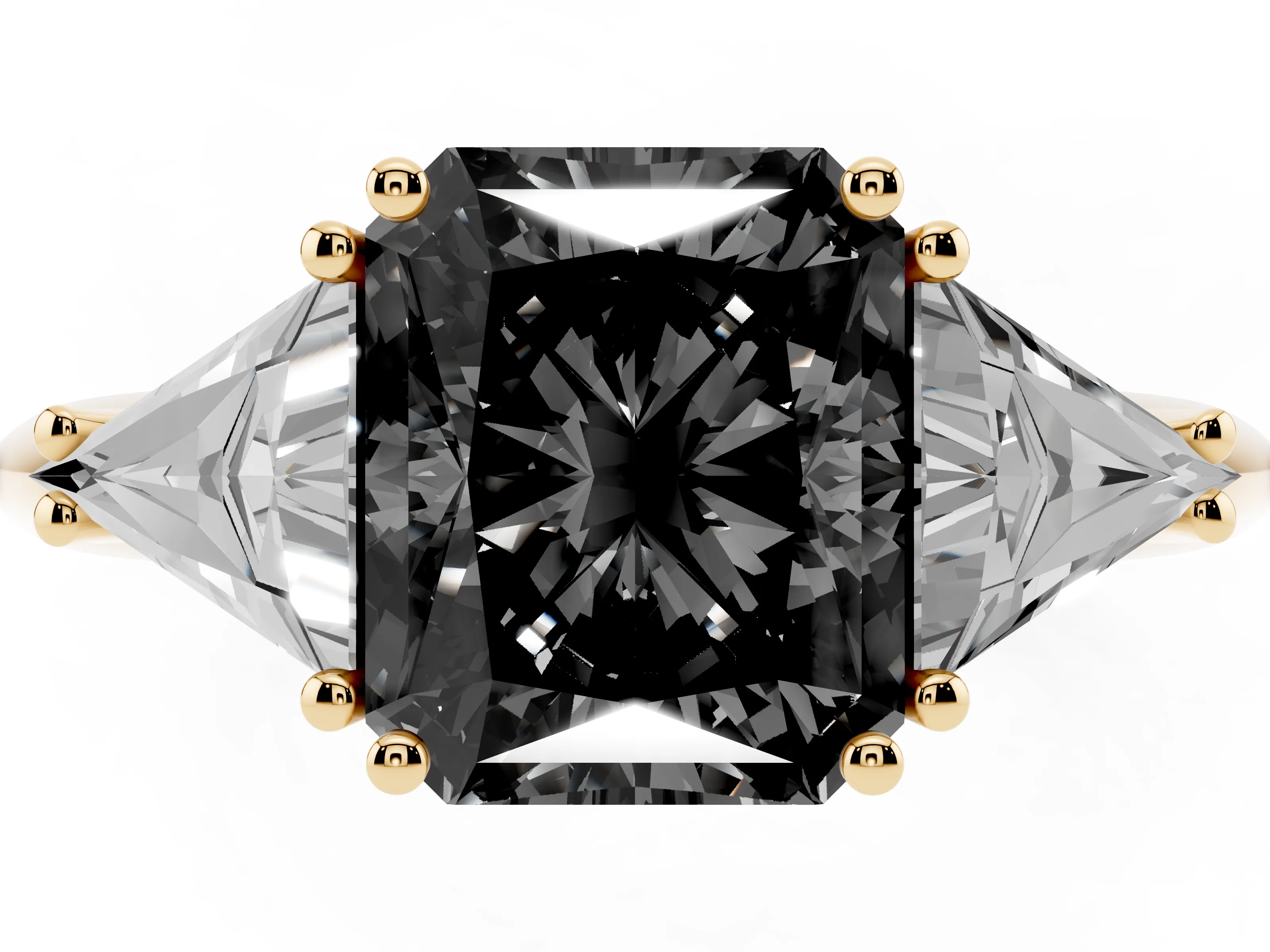 Fancy Black Radiant Cut Diamond Three-Stone Engagement Ring Set in Yellow gold with Trillion Side Stones