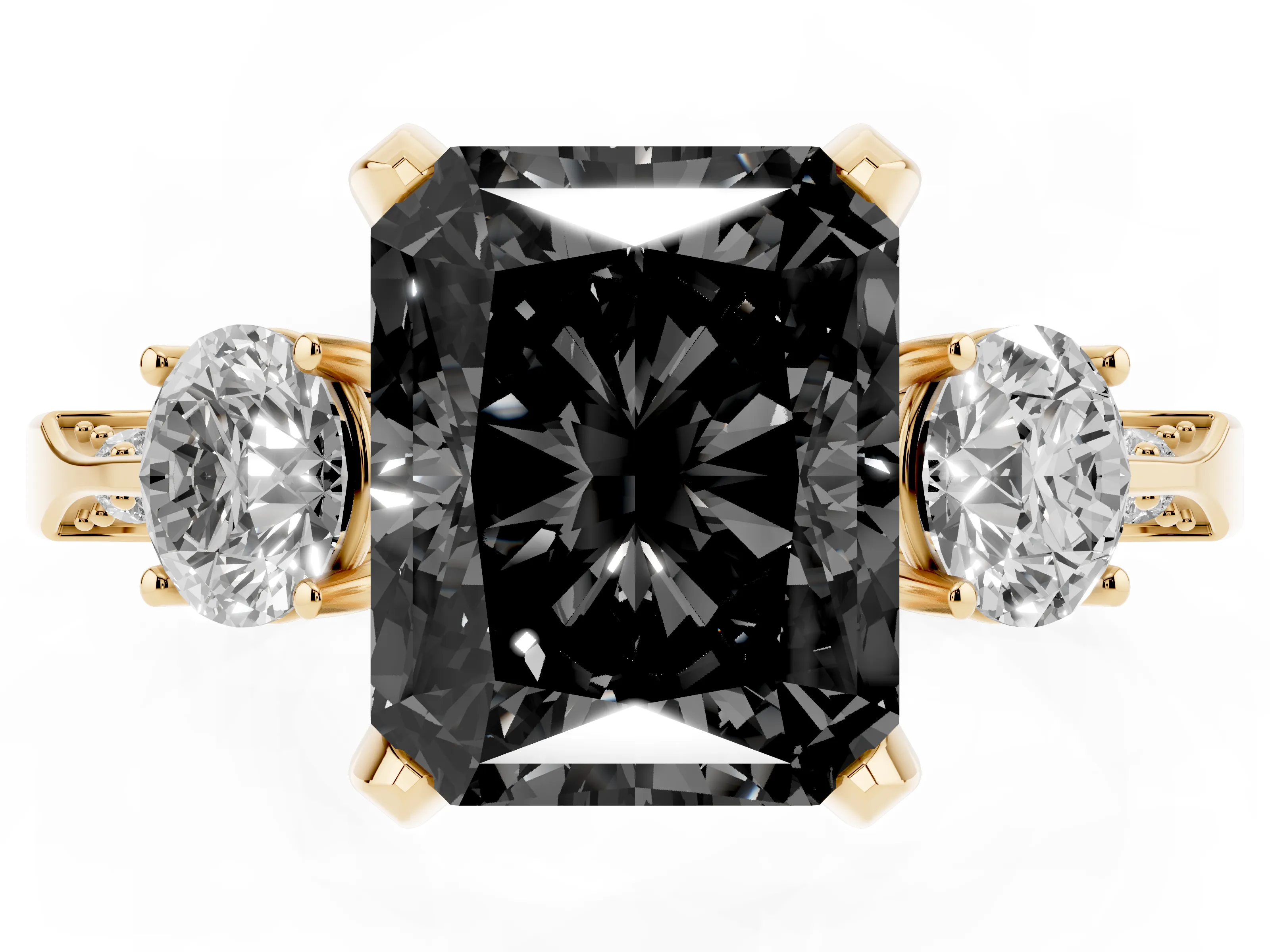 Fancy Black Radiant Cut Diamond Three-Stone Ring Set in Yellow gold with Pavé Band and Smaller Side Stones