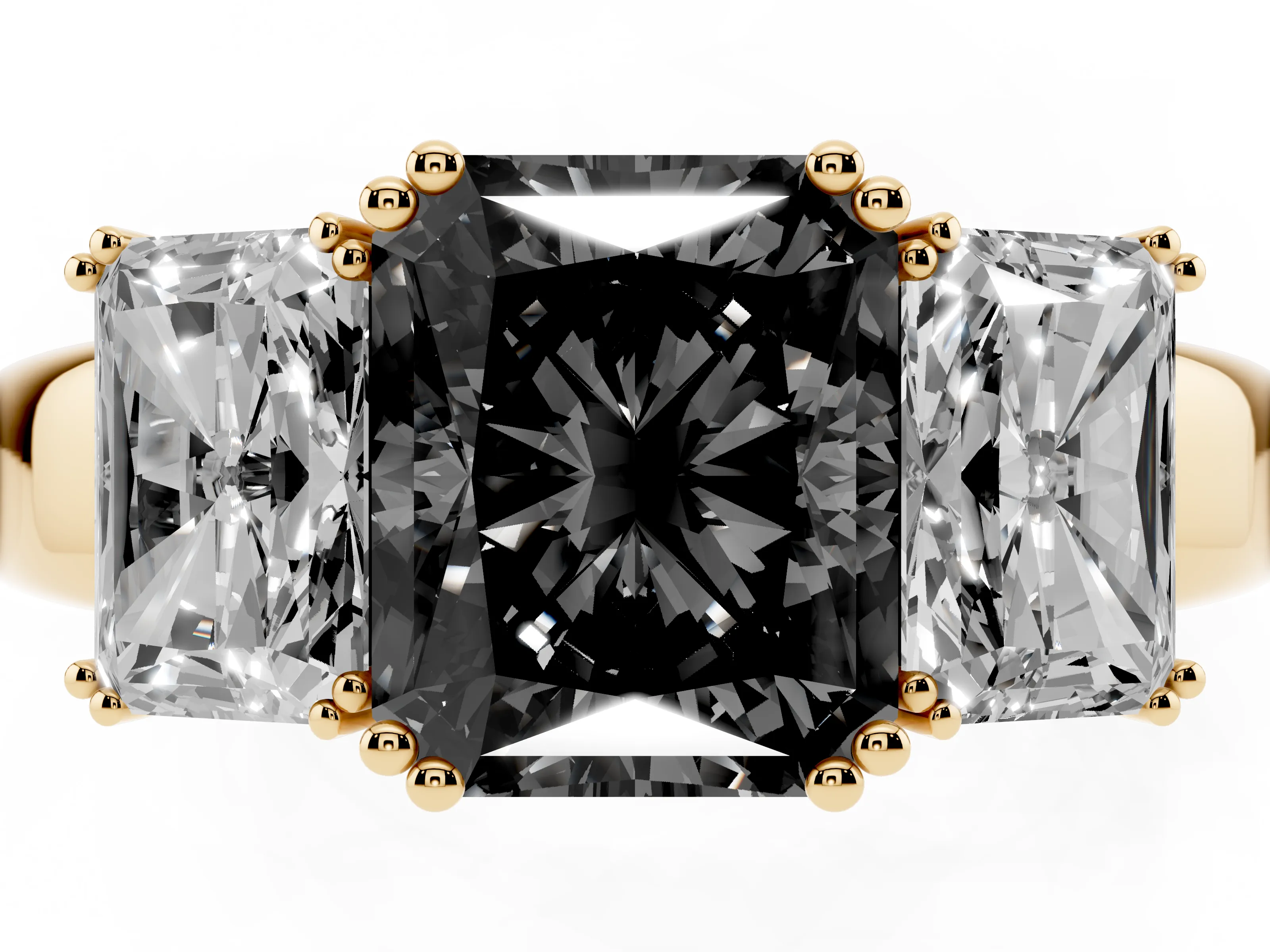 Fancy Black Radiant Cut Diamond Three-Stone Ring Set in Yellow gold with Polished Channel-Set Band