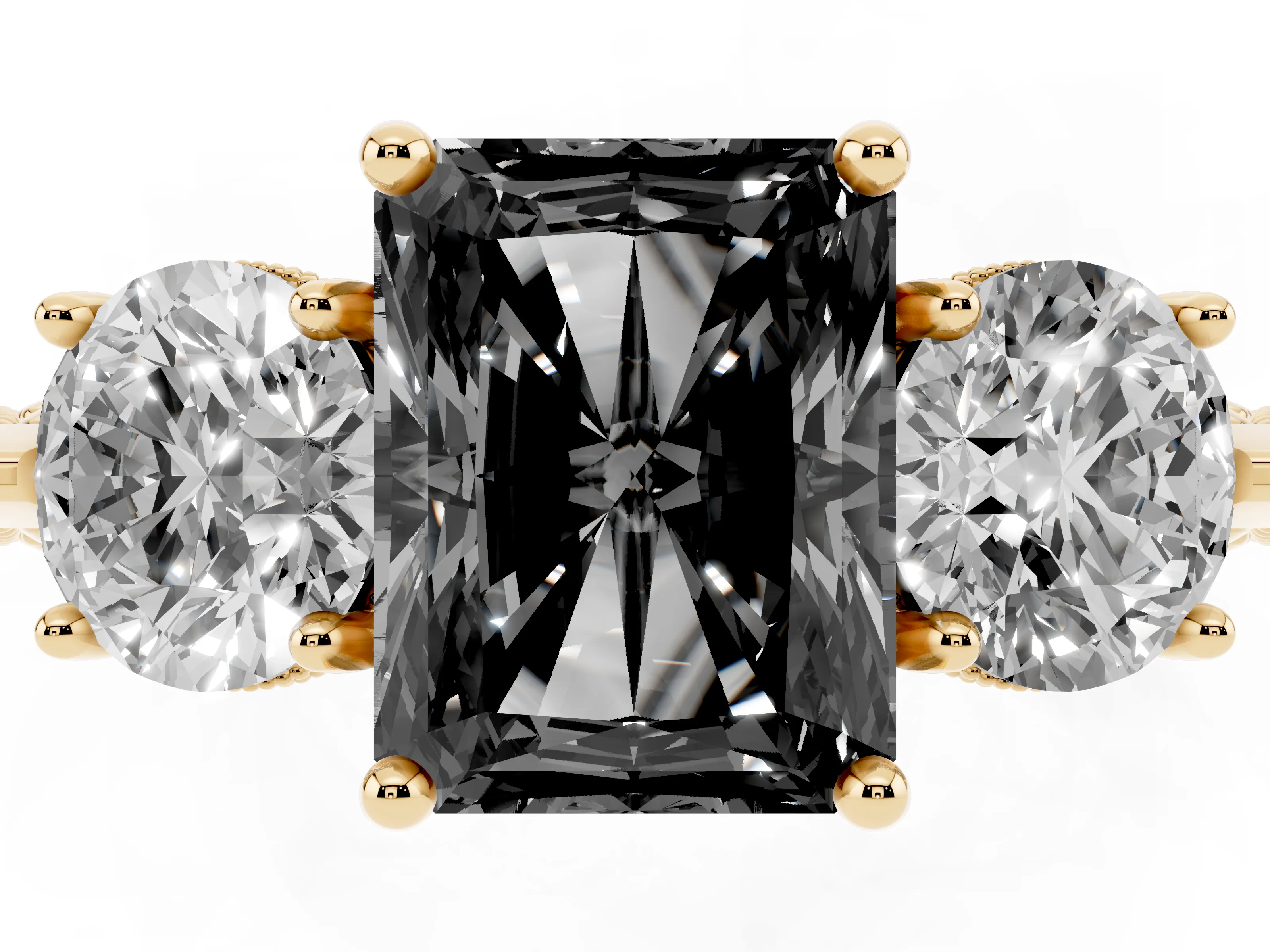 Fancy Black Radiant Cut Diamond Three-Stone Ring Set in Yellow gold with Milgrain Band
