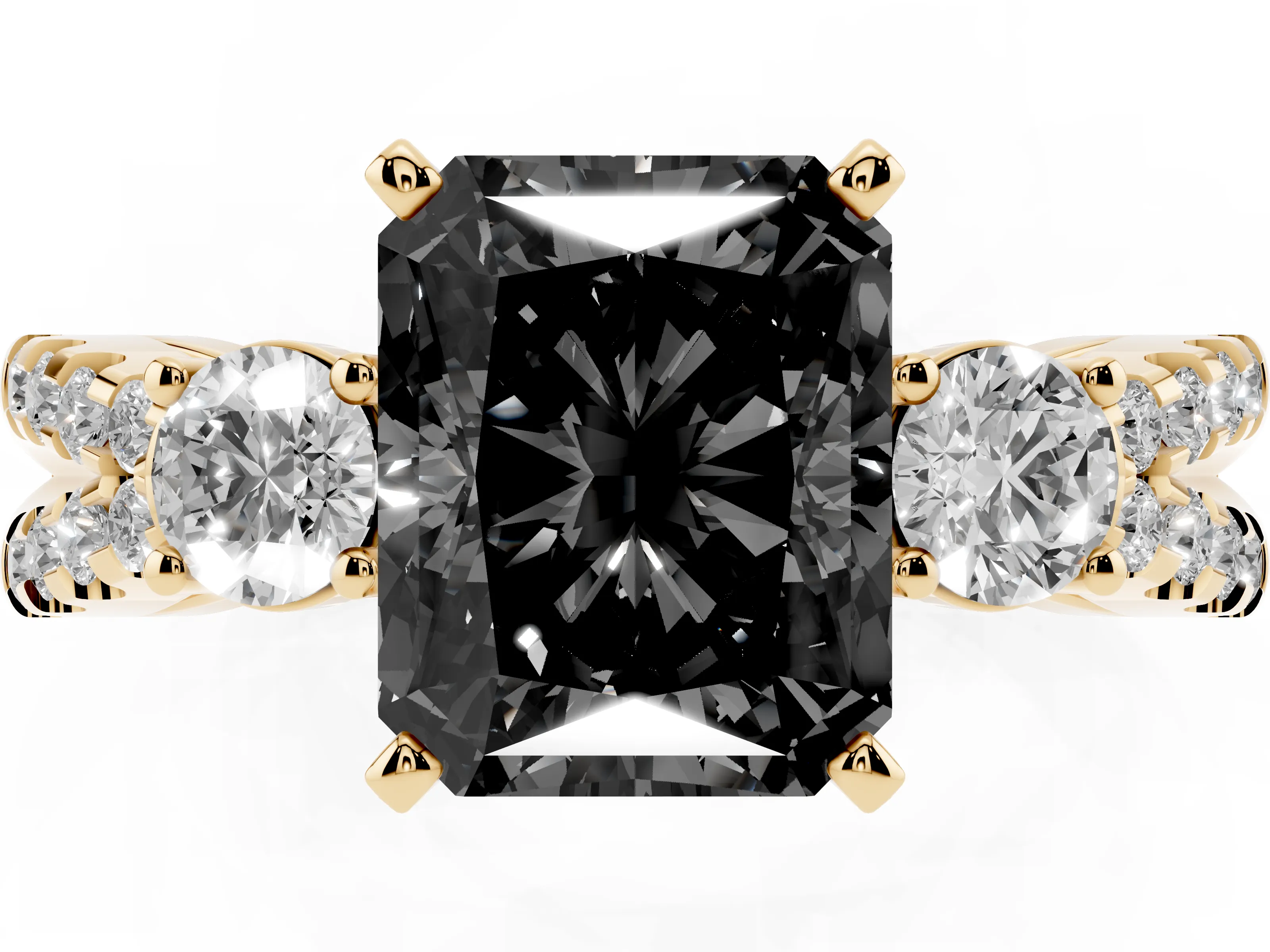 Fancy Black Radiant Cut Diamond Three-Stone Ring Set in Yellow gold with Pavé Split Shank and Prong Setting