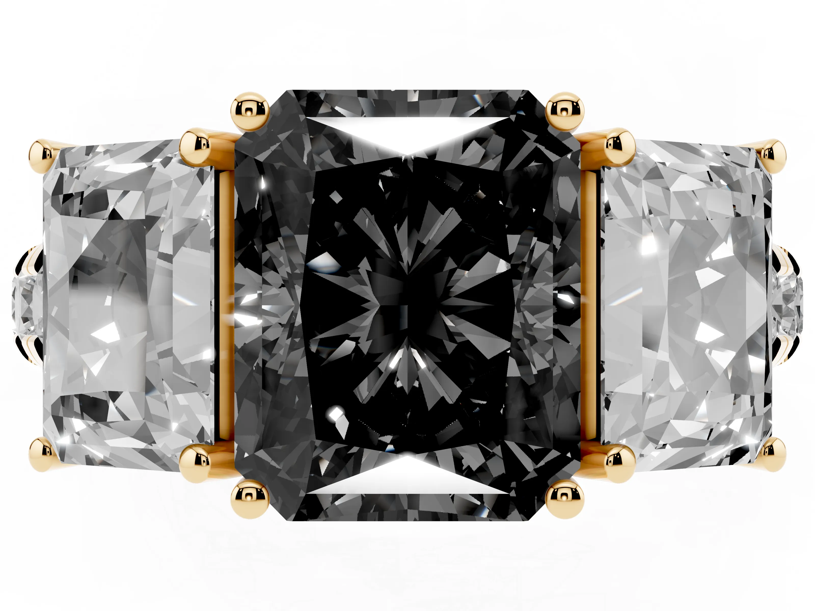 Fancy Black Radiant Cut Diamond Three-Stone Ring Set in Yellow gold with Pavé Band