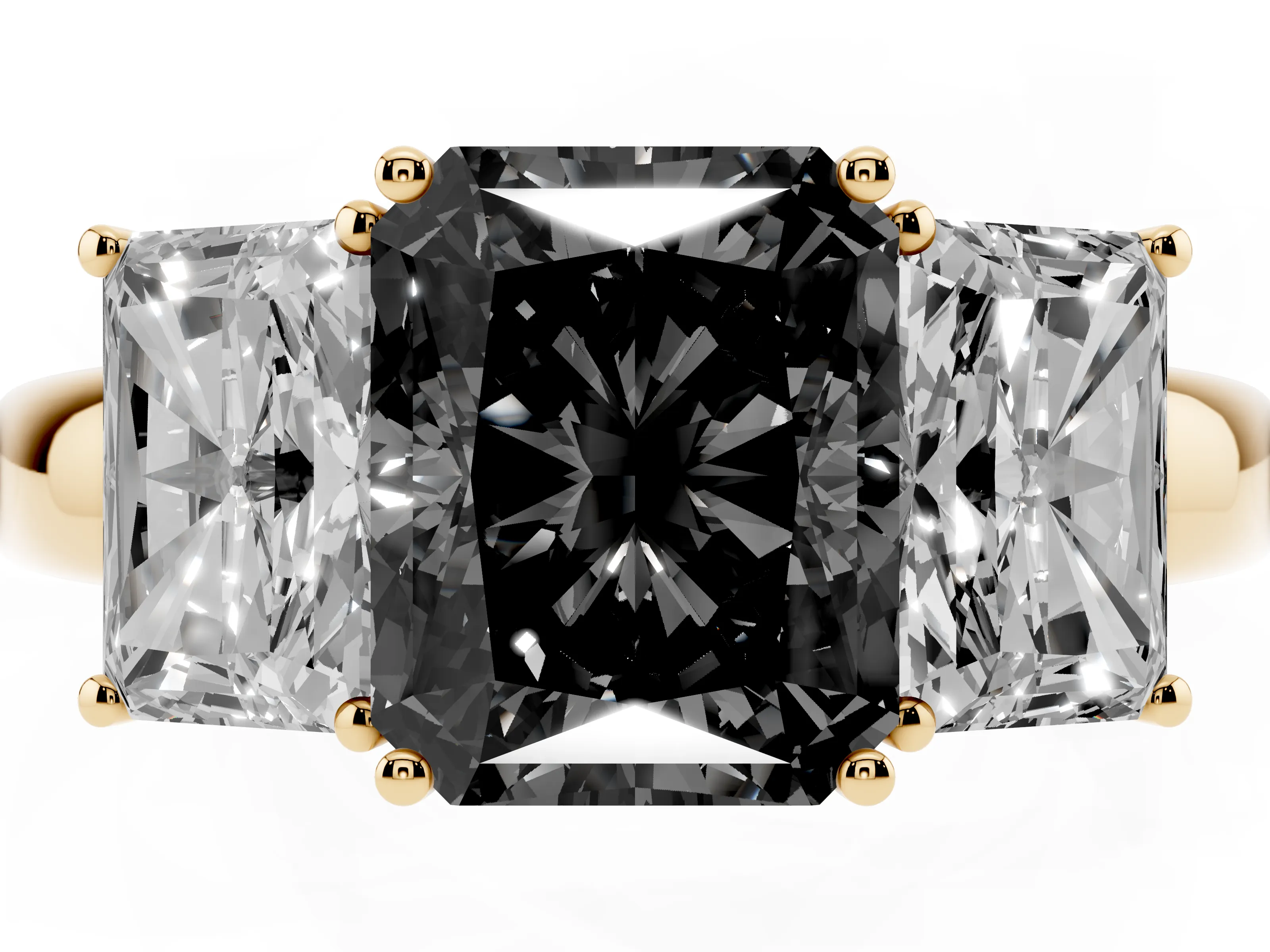 Fancy Black Radiant Cut Diamond Three-Stone Ring Set in Yellow gold with Bold Center and Classic Band
