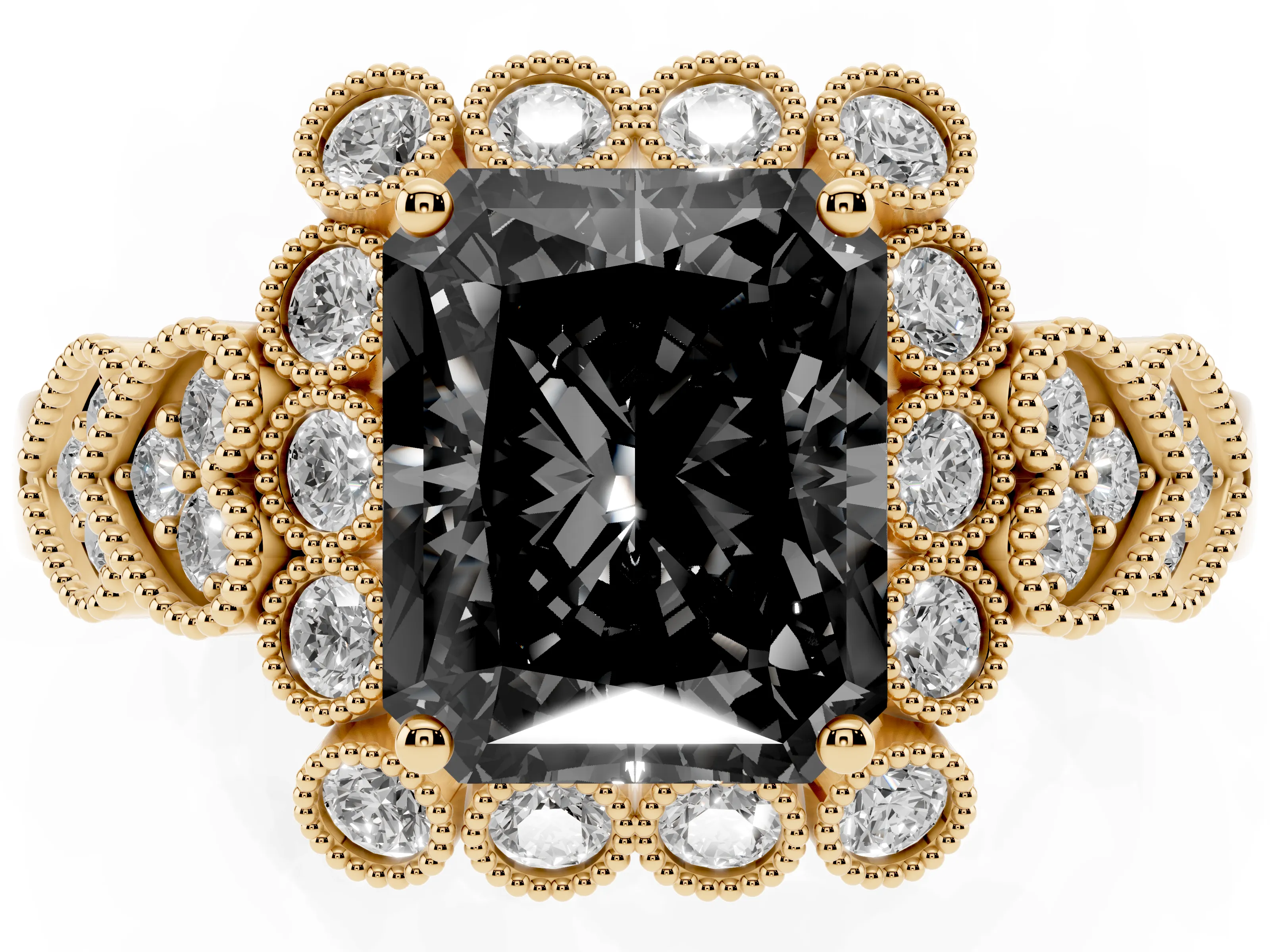 Fancy Black Radiant Cut Diamond Solitaire Ring Set in Yellow gold with Milgrain Pavé Heart Band