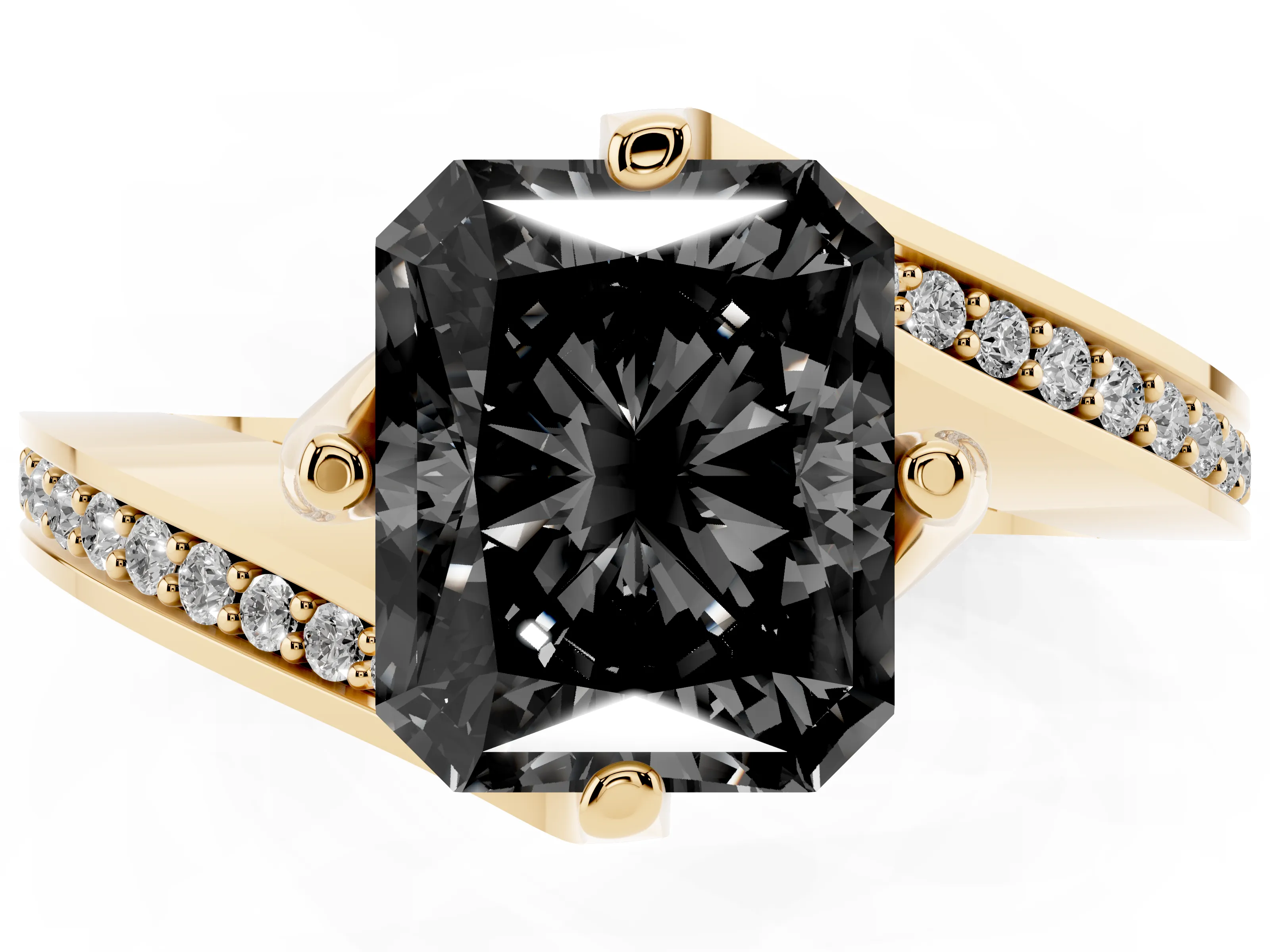 Fancy Black Radiant Cut Diamond Solitaire Ring Set in Yellow gold with Intertwined Pavé Twist Band