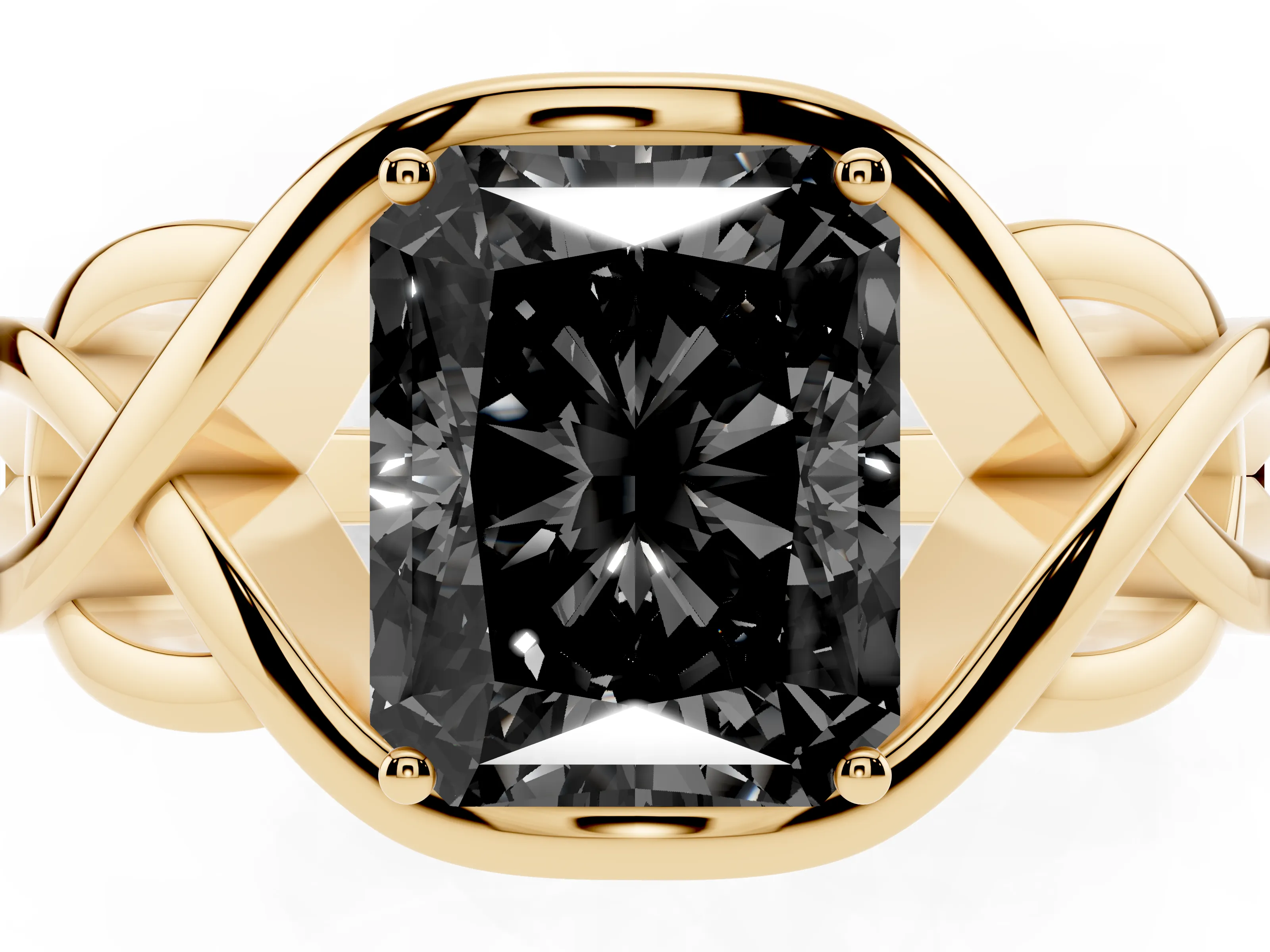 Fancy Black Radiant Cut Diamond Solitaire Ring Set in Yellow gold with Intertwined Band