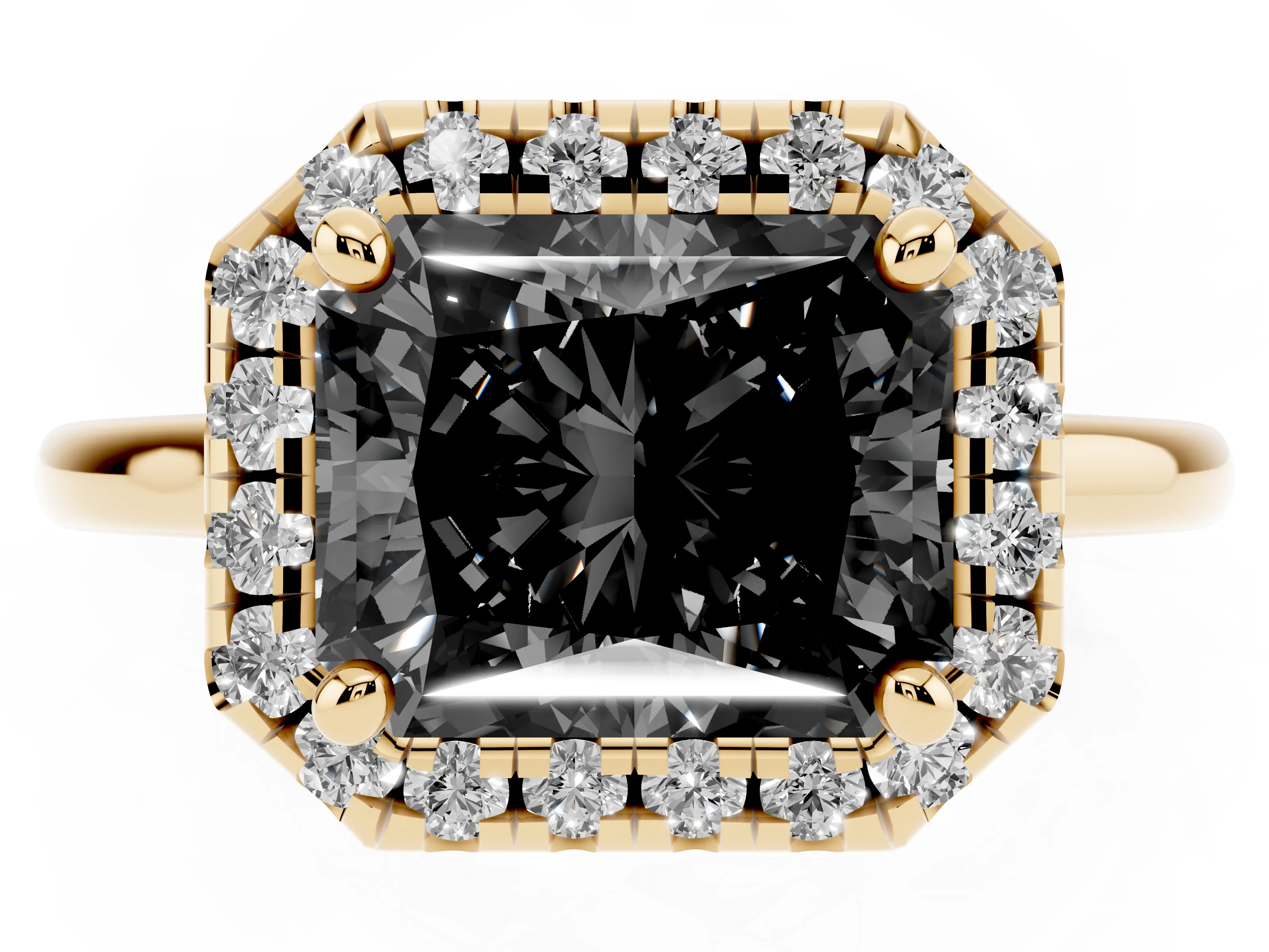 Fancy Black Radiant Cut Diamond Halo Engagement Ring Set in Yellow gold with Pavé Band and Rising Shoulders