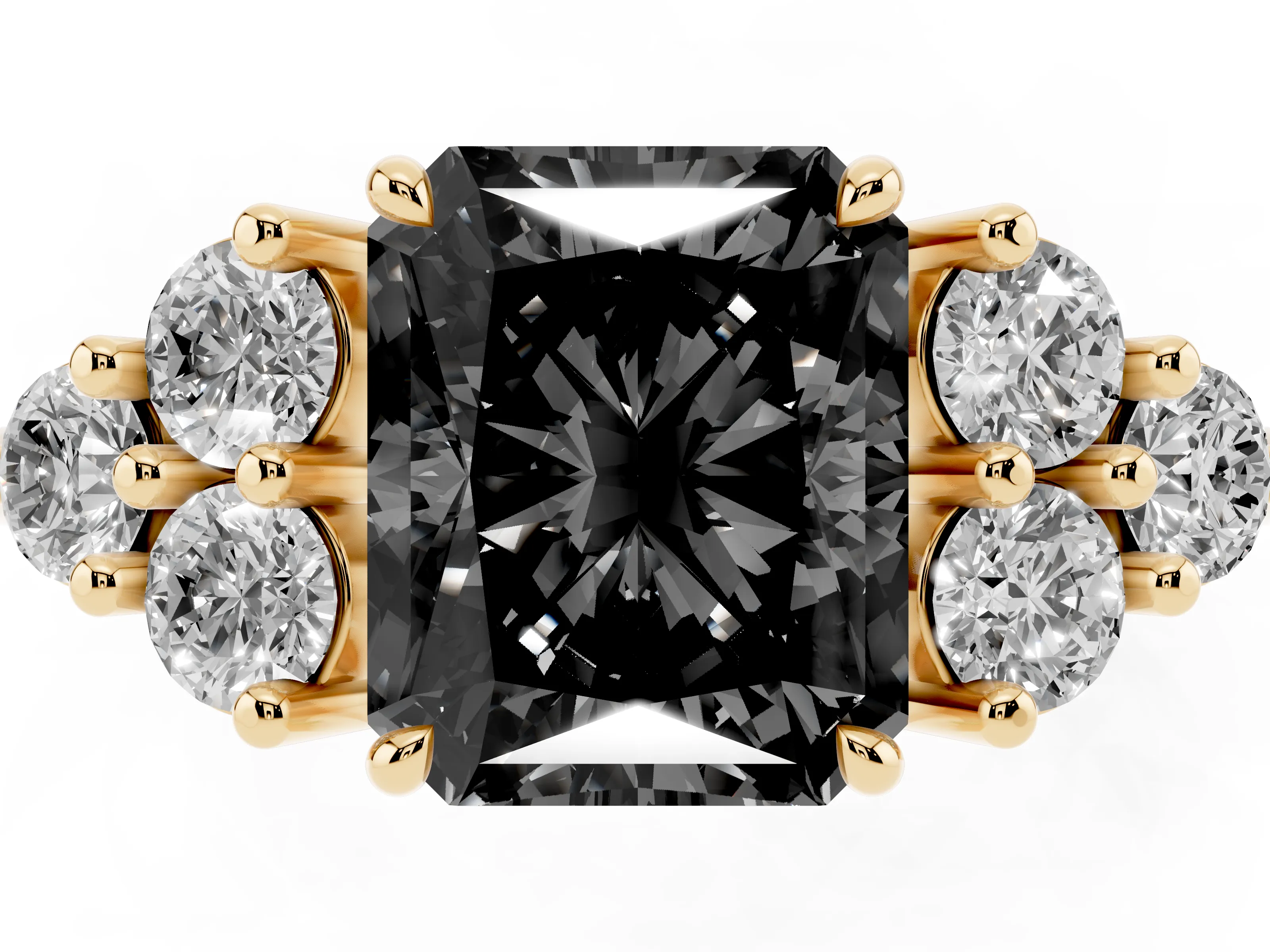 Fancy Black Radiant Cut Diamond Solitaire Ring Set in Yellow gold with Cluster Accents on Each Side