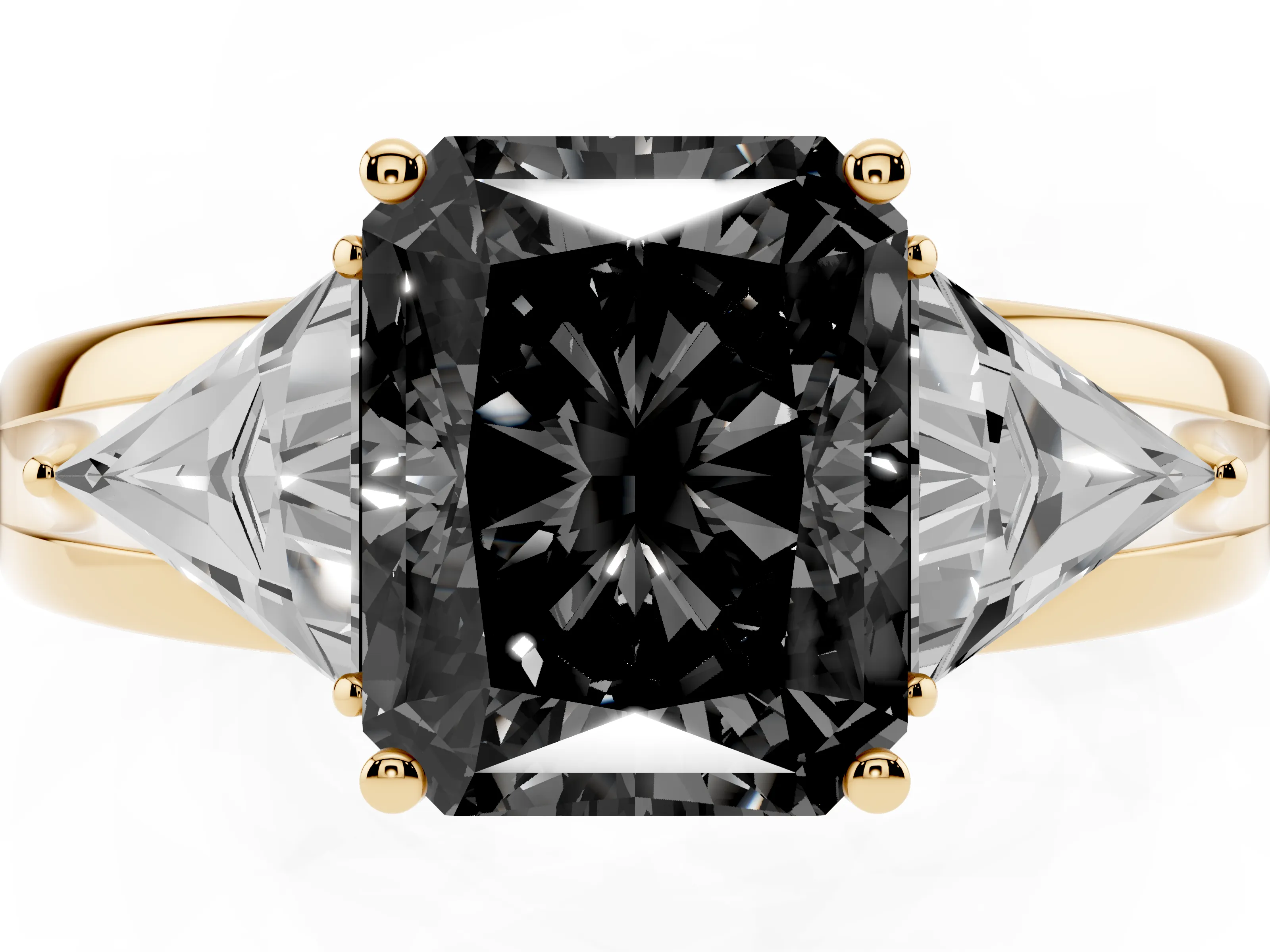 Fancy Black Radiant Cut Diamond Three-Stone Ring Set in Yellow gold with Trillion Side Stones and Split Shank
