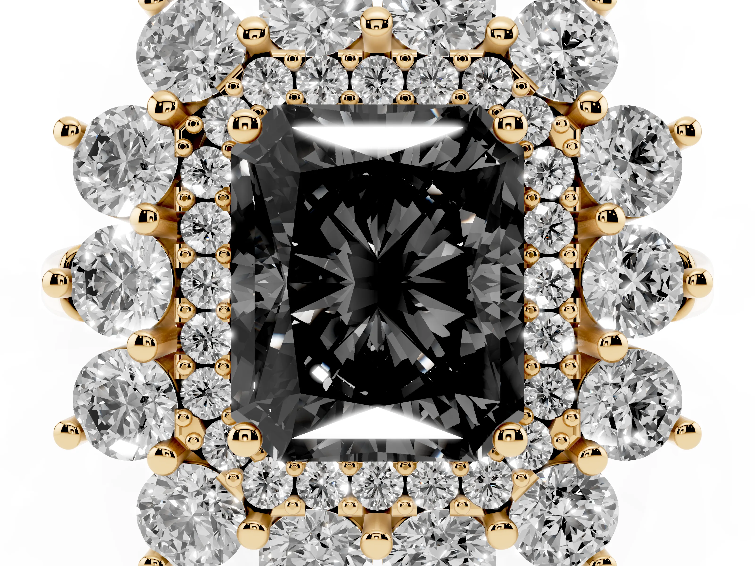 Fancy Black Radiant Cut Diamond Floral Double Halo Ring Set in Yellow gold with Round Petals