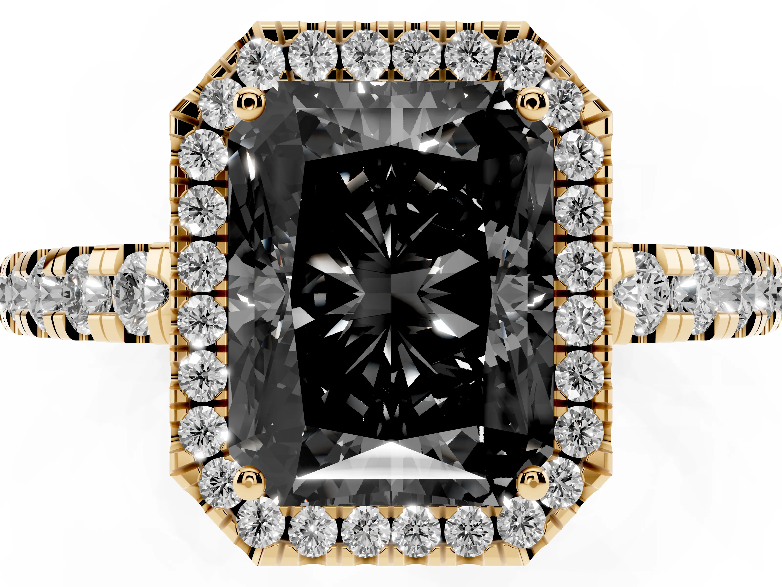 Fancy Black Radiant Cut Diamond Halo Ring Set in Yellow gold with Delicate Pavé Band and Prong Setting