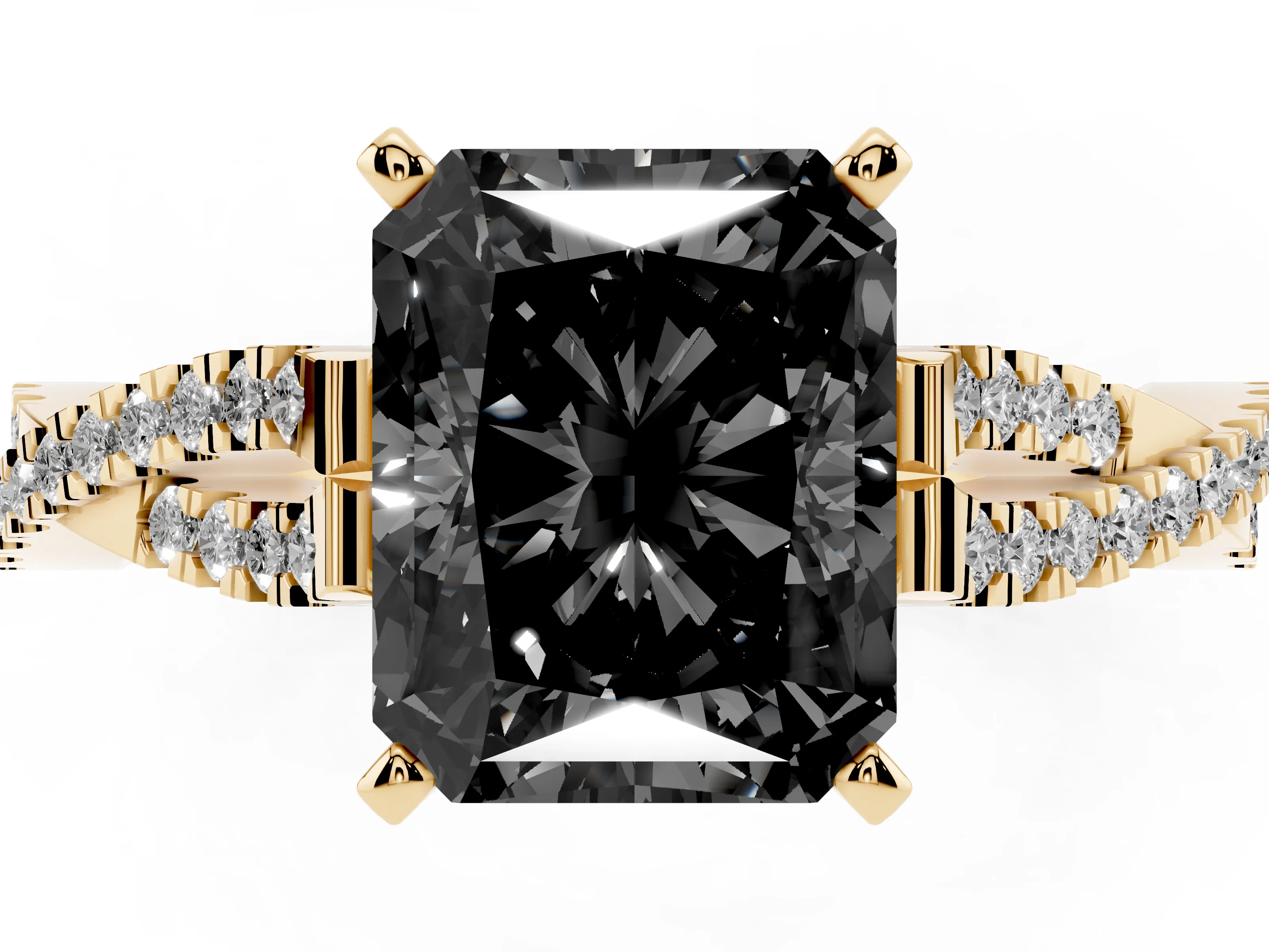 Fancy Black Radiant Cut Diamond Solitaire Engagement Ring Set in Yellow gold with Twisted Pavé Band and Prong Setting