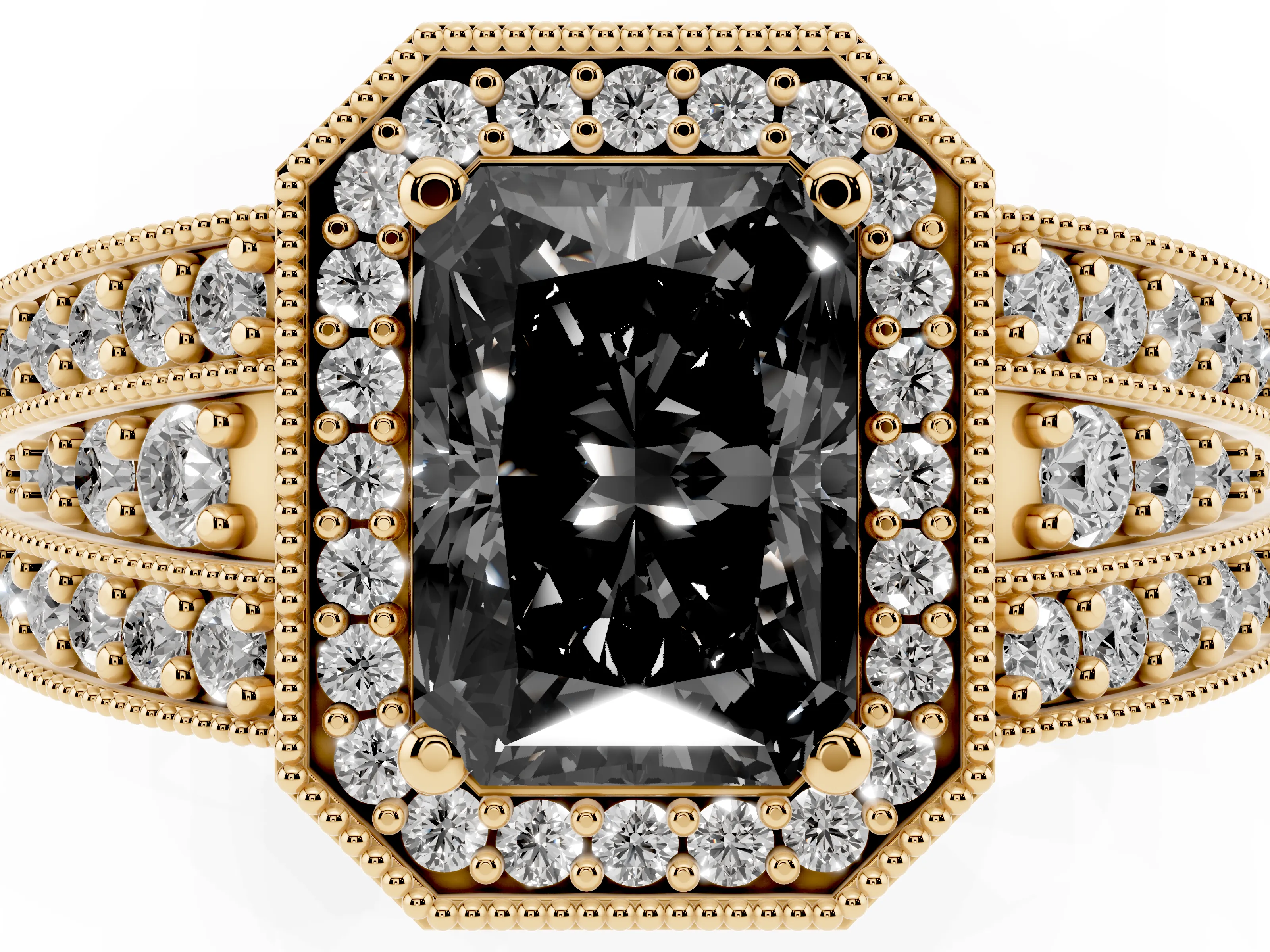 Fancy Black Radiant Cut Diamond Halo Ring Set in Yellow gold with Accent Split Shank and Prong Setting