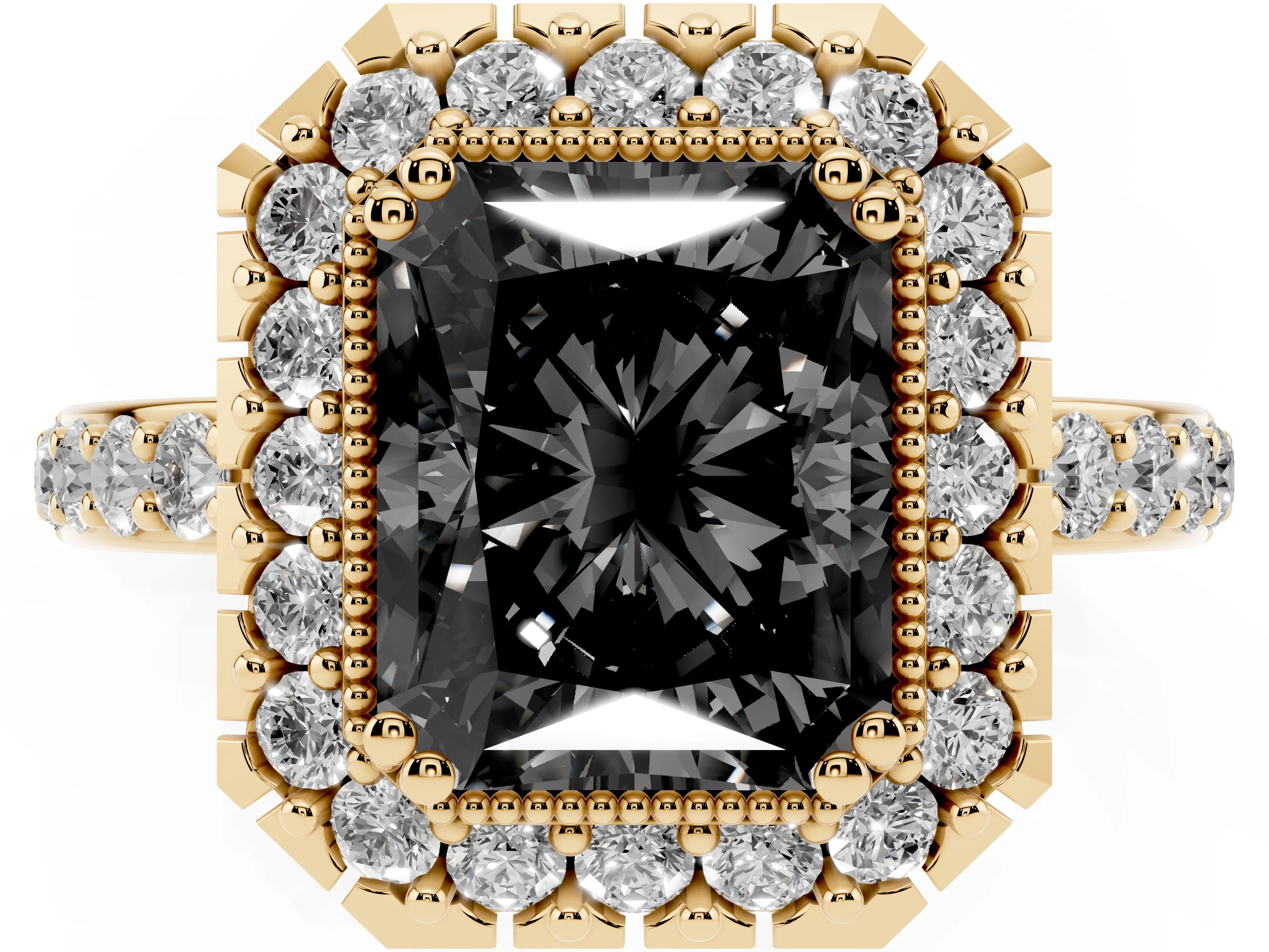 Fancy Black Radiant Cut Diamond Halo Ring Set in Yellow gold with Pavé Shank and Prong Setting
