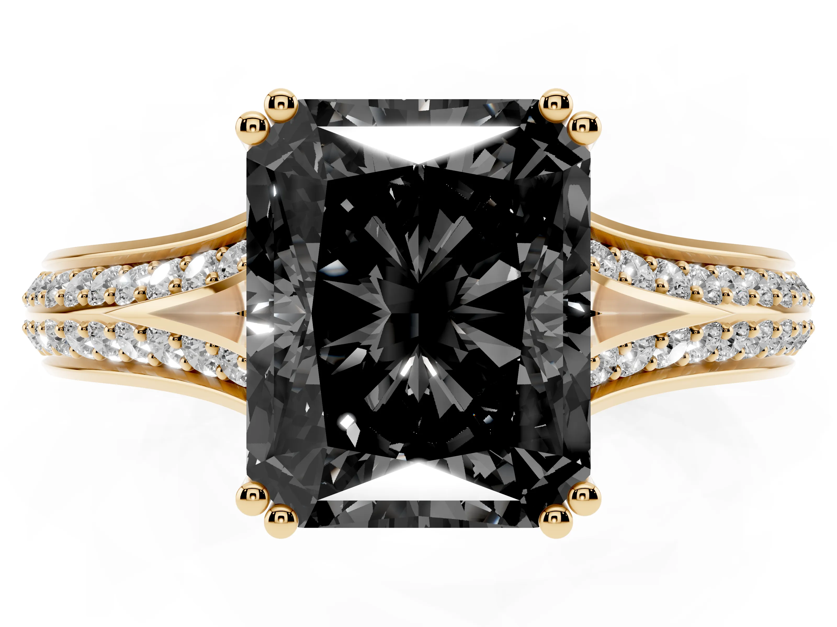 Fancy Black Radiant Cut Diamond Split Shank Pavé Engagement Ring Set in Yellow gold with Prong-Set Center Stone