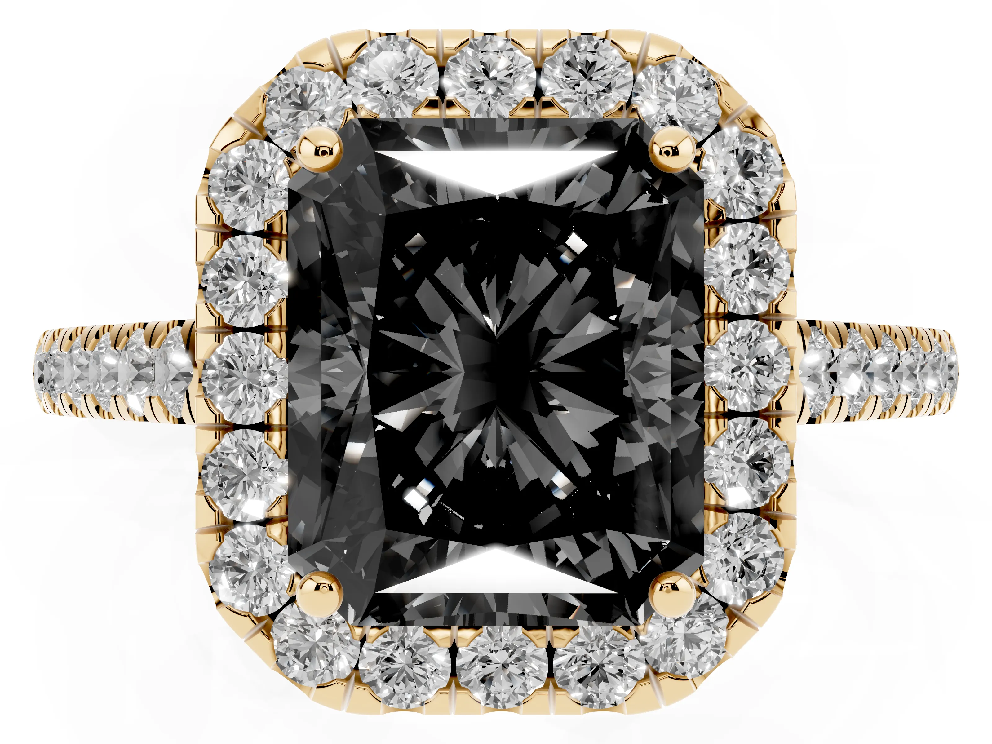 Fancy Black Radiant Cut Diamond Halo Pavé Engagement Ring Set in Yellow gold with Prong Setting