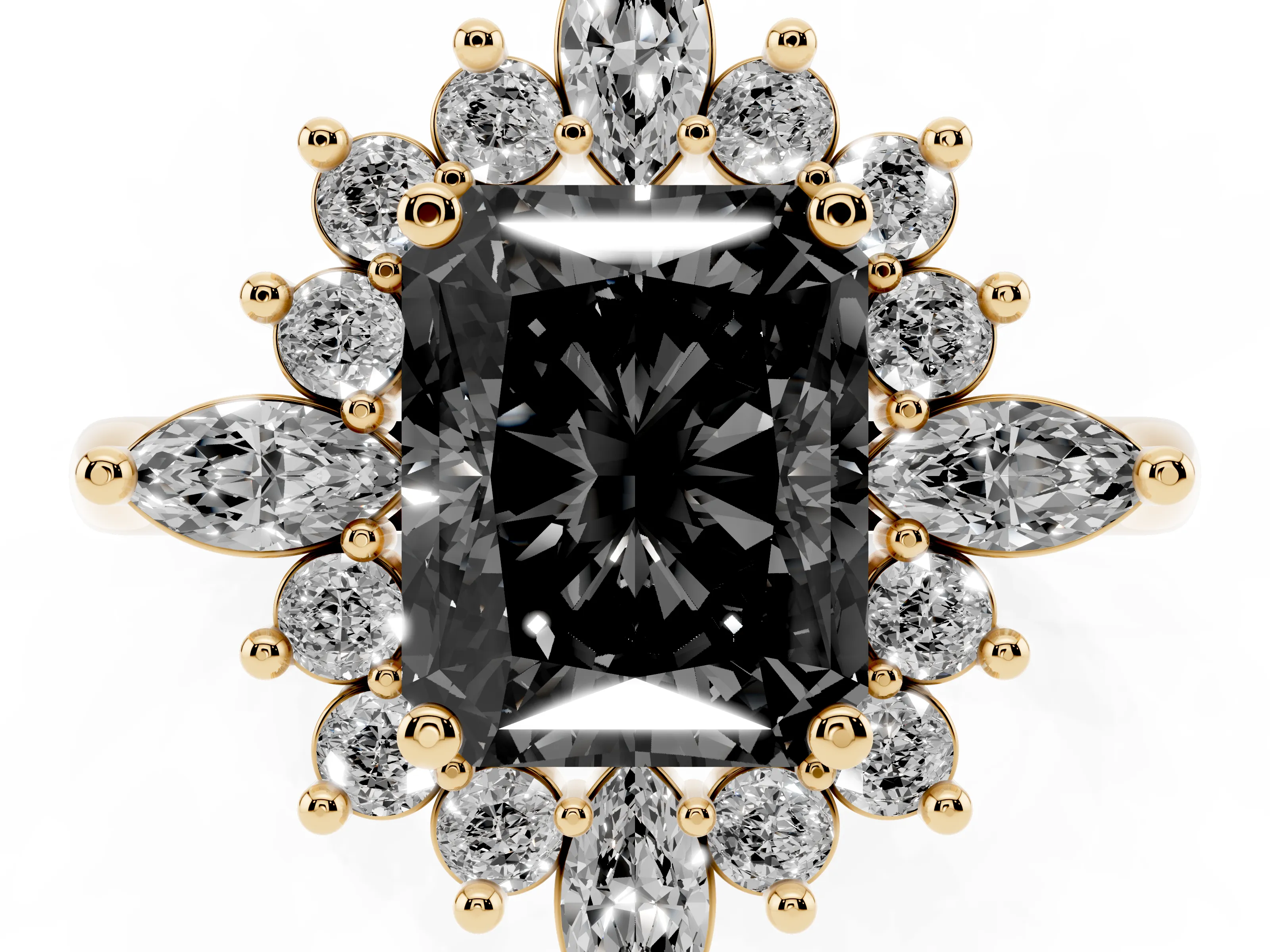Fancy Black Radiant Cut Diamond Cluster Halo Ring Set in Yellow gold with Marquise and Round Accents