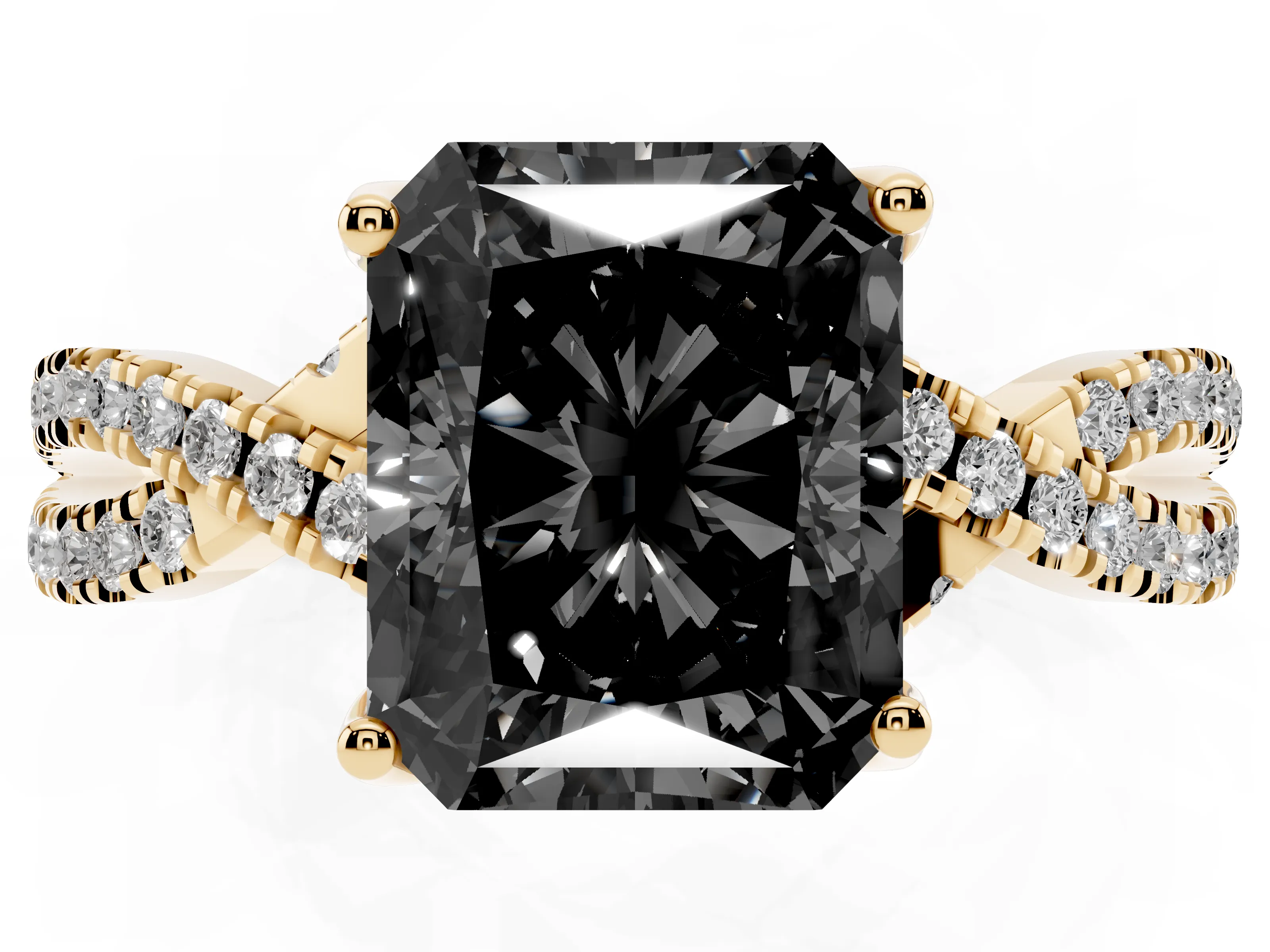 Fancy Black Radiant Cut Diamond Twist Pavé Solitaire Engagement Ring Set in Yellow gold with Prong Setting