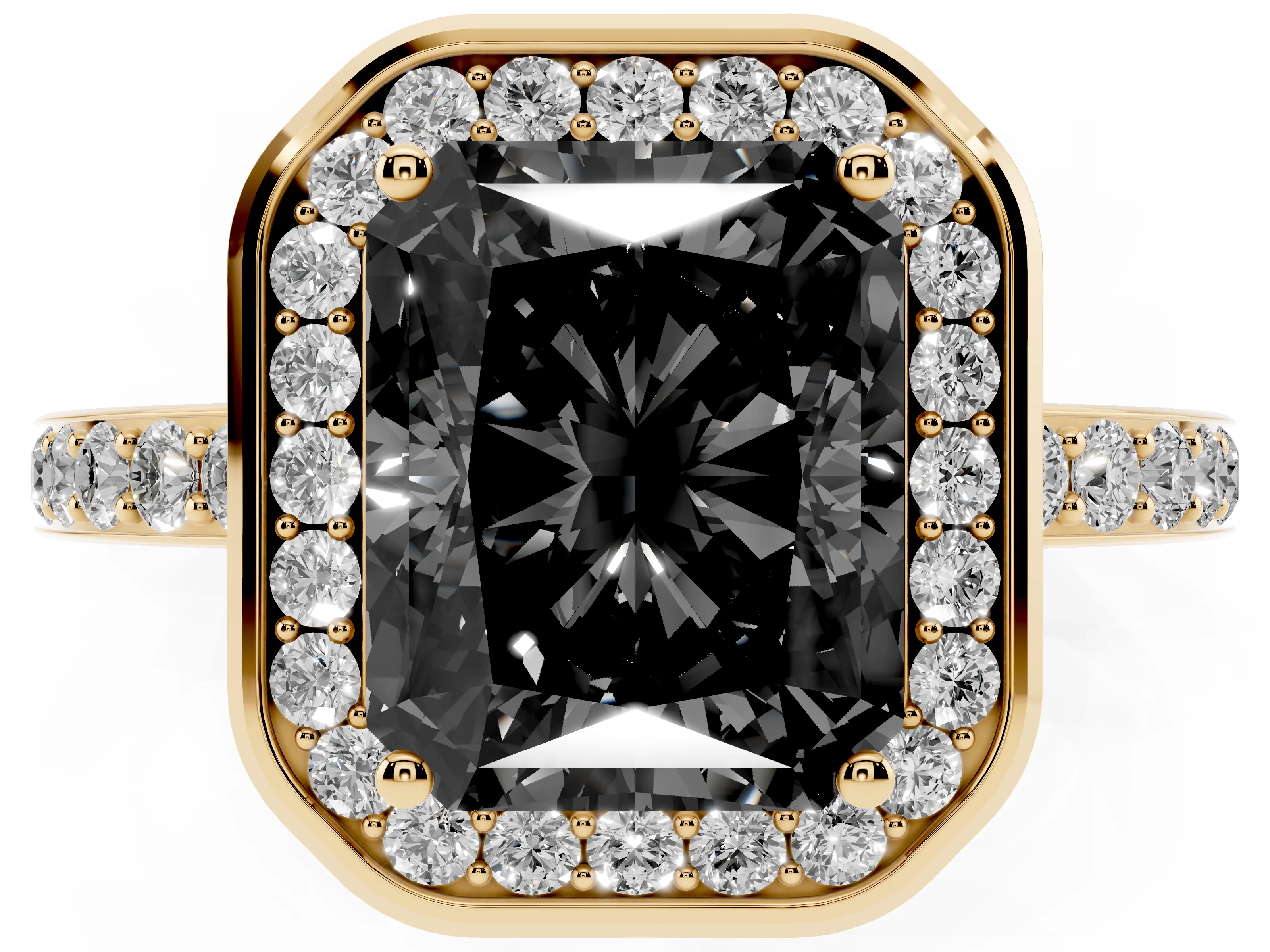 Fancy Black Radiant Cut Diamond Halo Ring Set in Yellow gold with Bezel Frame and Pavé Band