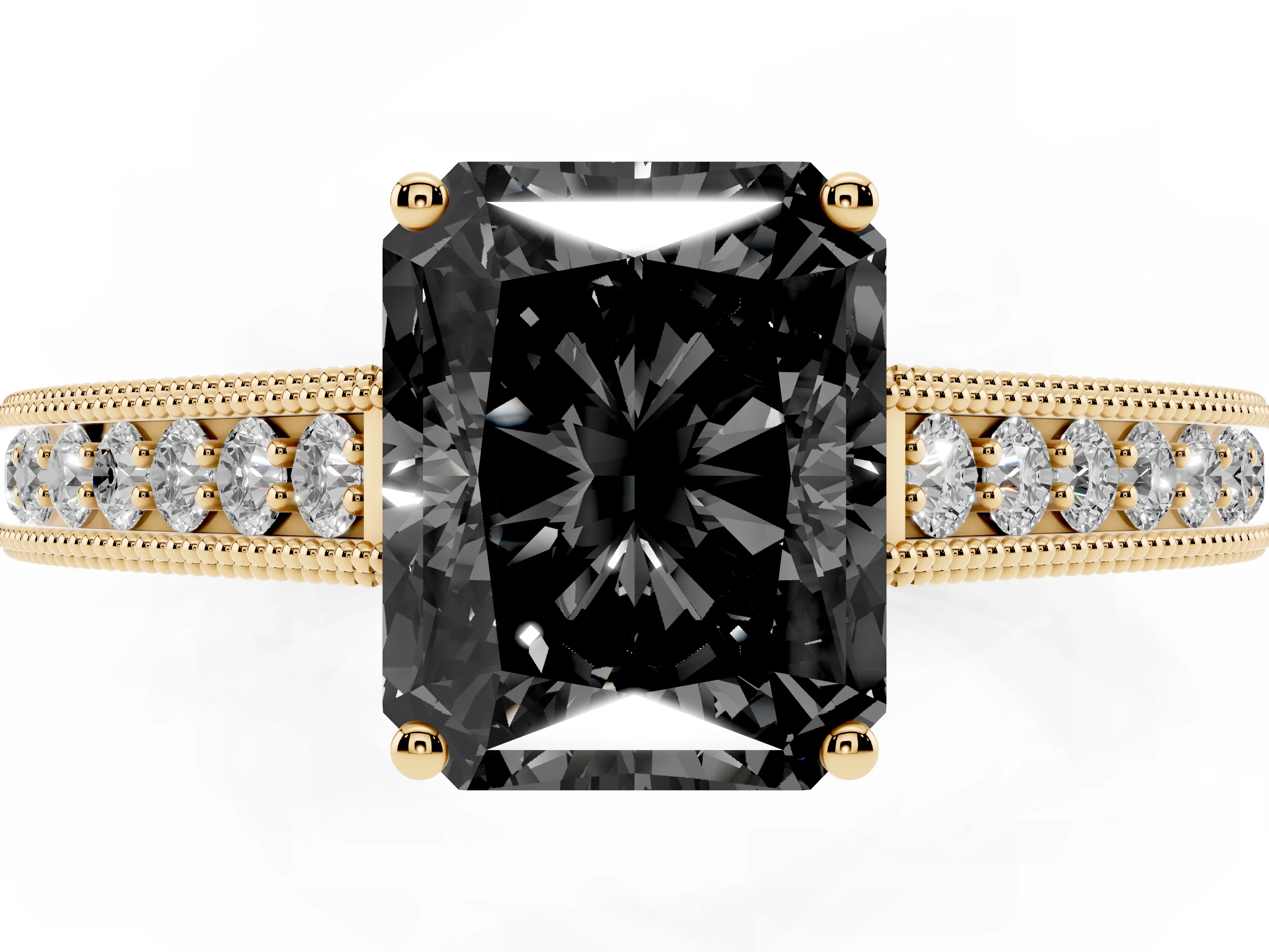 Fancy Black Radiant Cut Diamond Milgrain Pavé Band Solitaire Ring Set in Yellow gold with Prong Setting