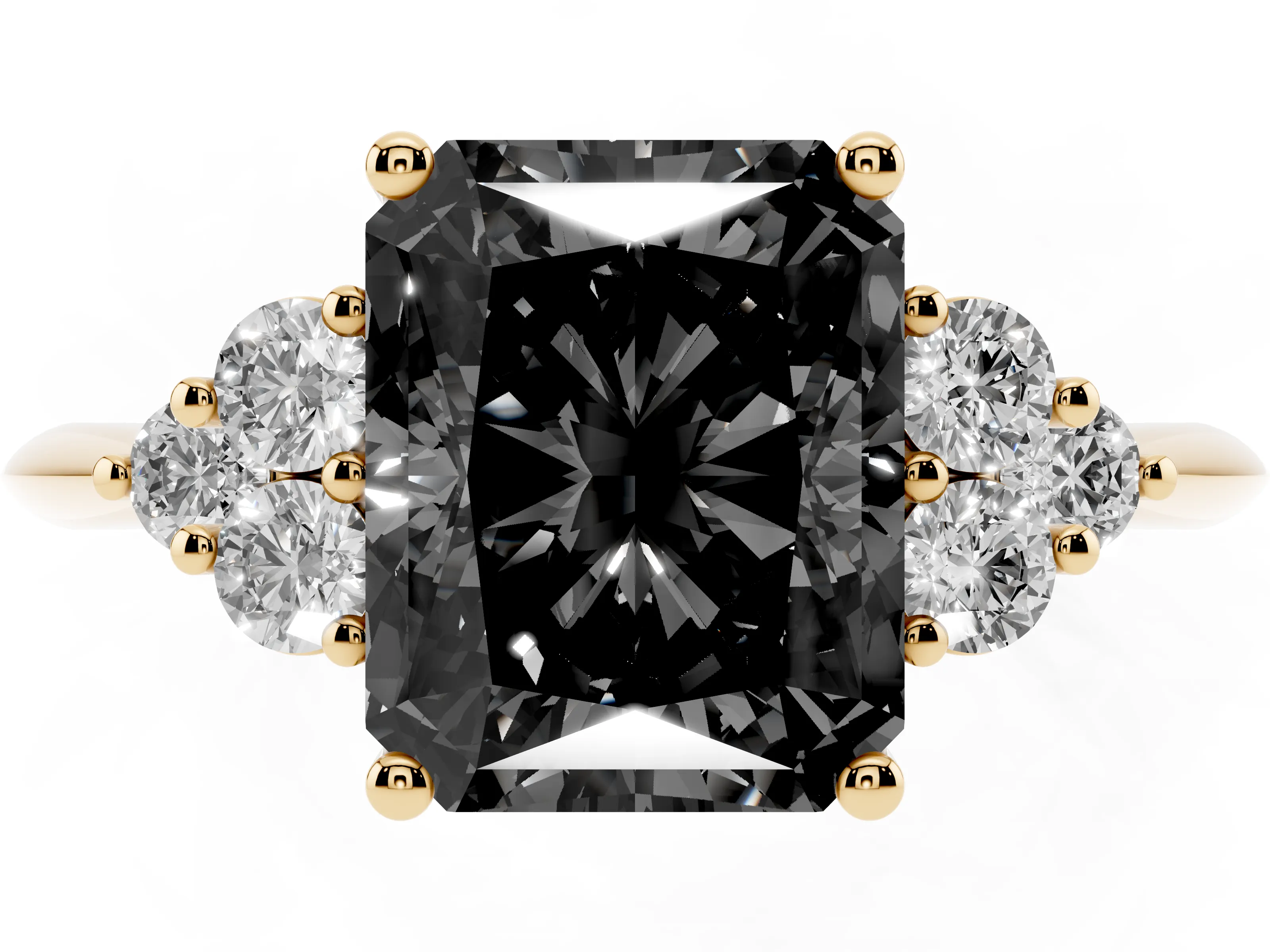 Fancy Black Radiant Cut Diamond Cluster Ring Set in Yellow gold with Plain Band and Prong Setting