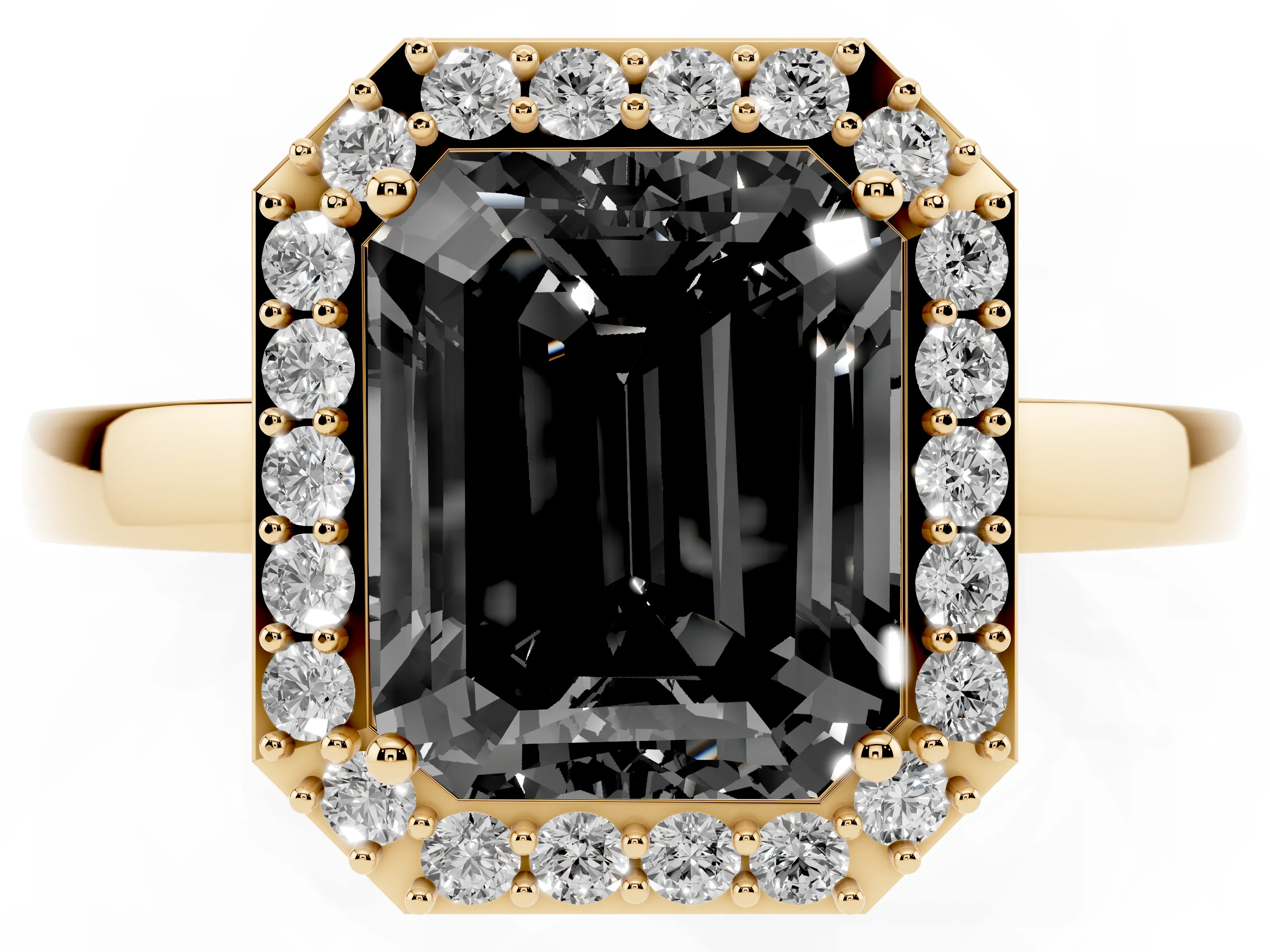 Fancy Black Radiant Cut Diamond Halo Ring Set in Yellow gold with Solitaire Band and Prong Setting