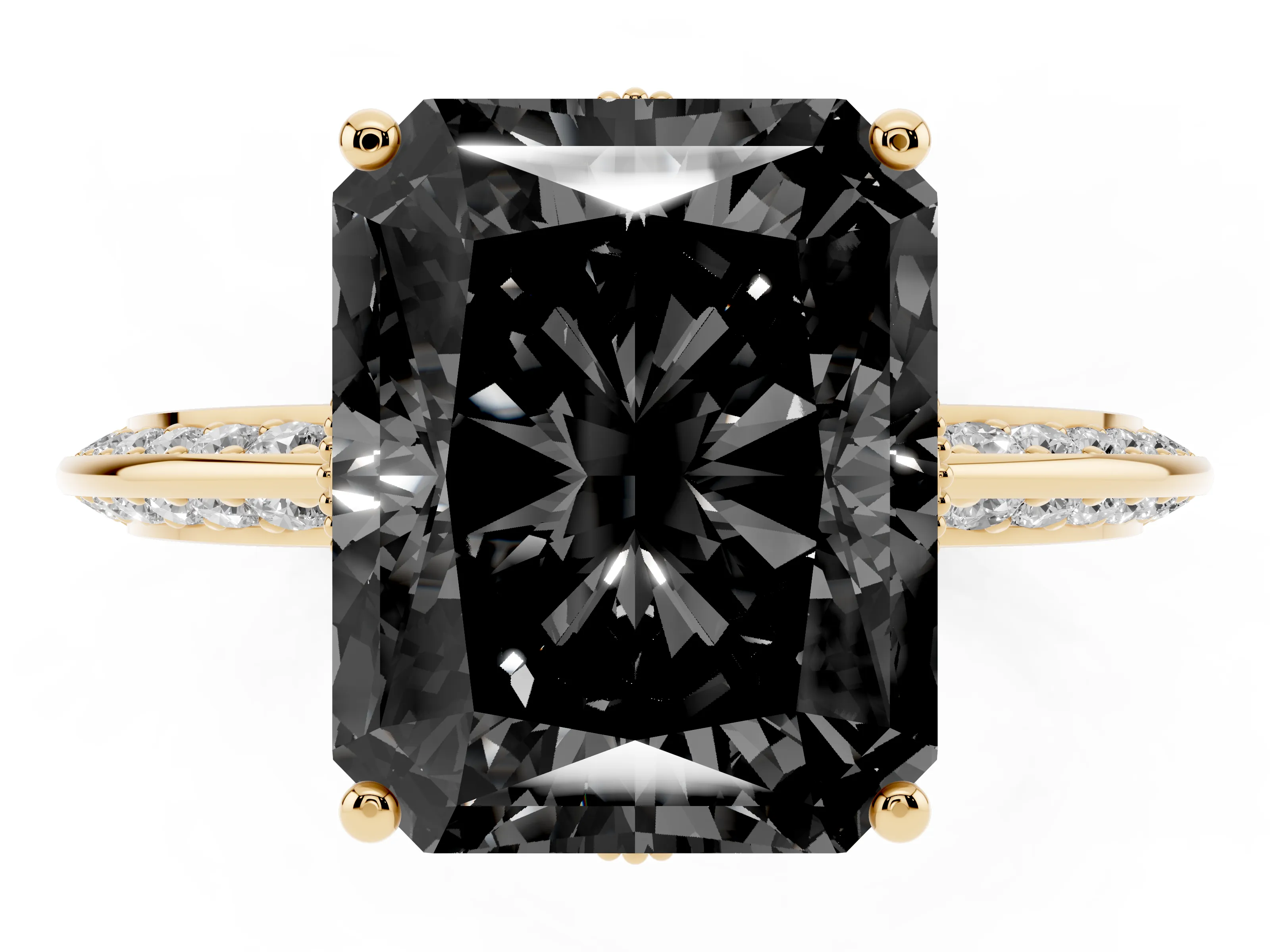 Fancy Black Radiant Cut Diamond Solitaire Engagement Ring Set in Yellow gold with Pavé Split Shank and Prong Setting