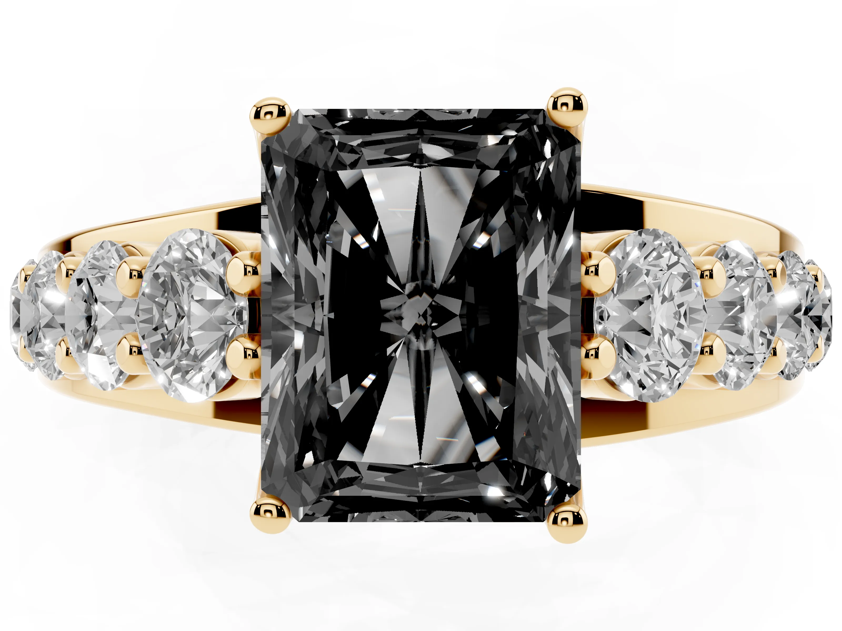 Fancy Black Radiant Cut Diamond Pavé Engagement Ring Set in Yellow gold with Prong Setting