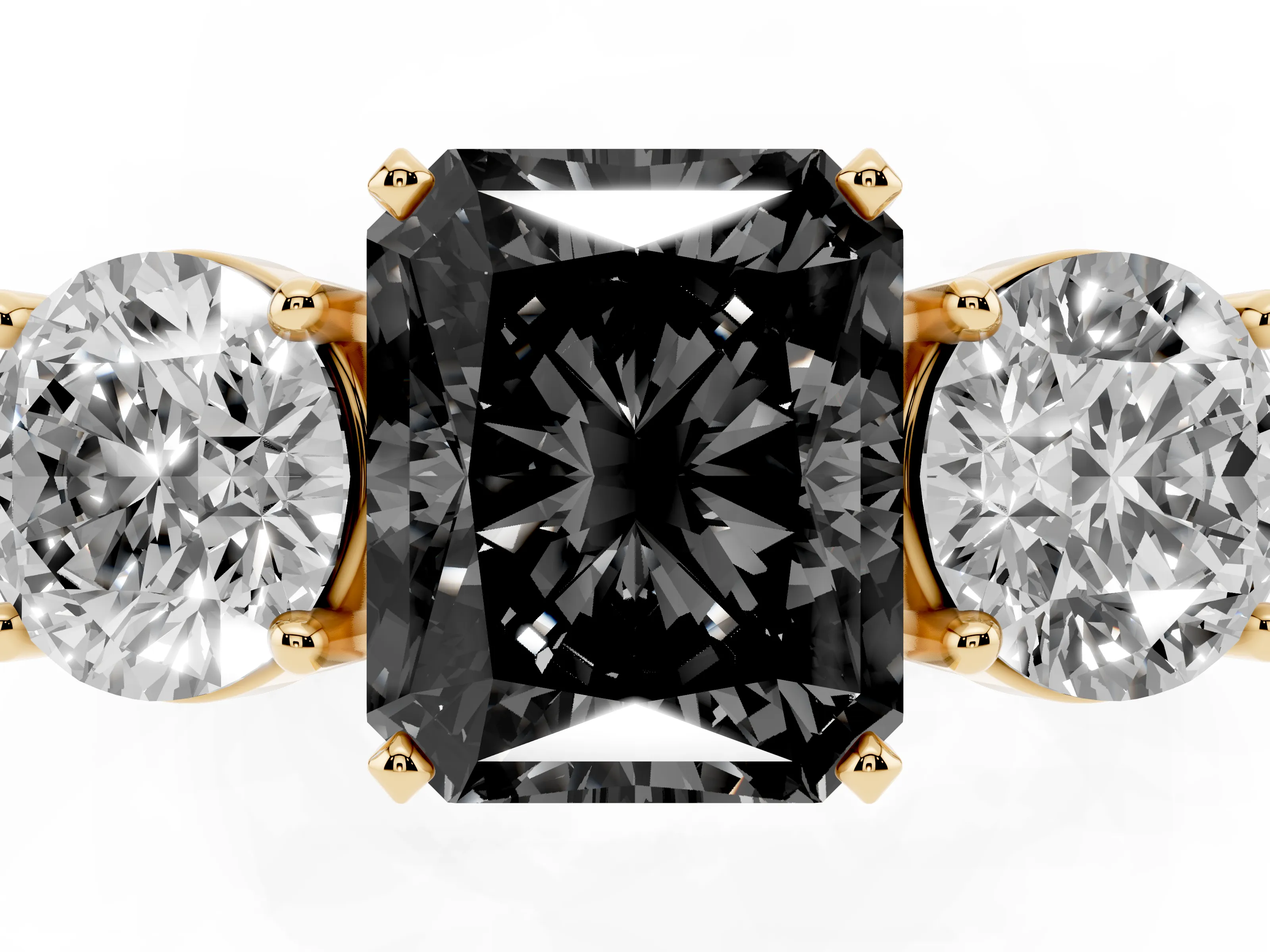 Fancy Black Radiant Cut Diamond Three-Stone Ring Set in Yellow gold with Round Side Stones and Classic Band