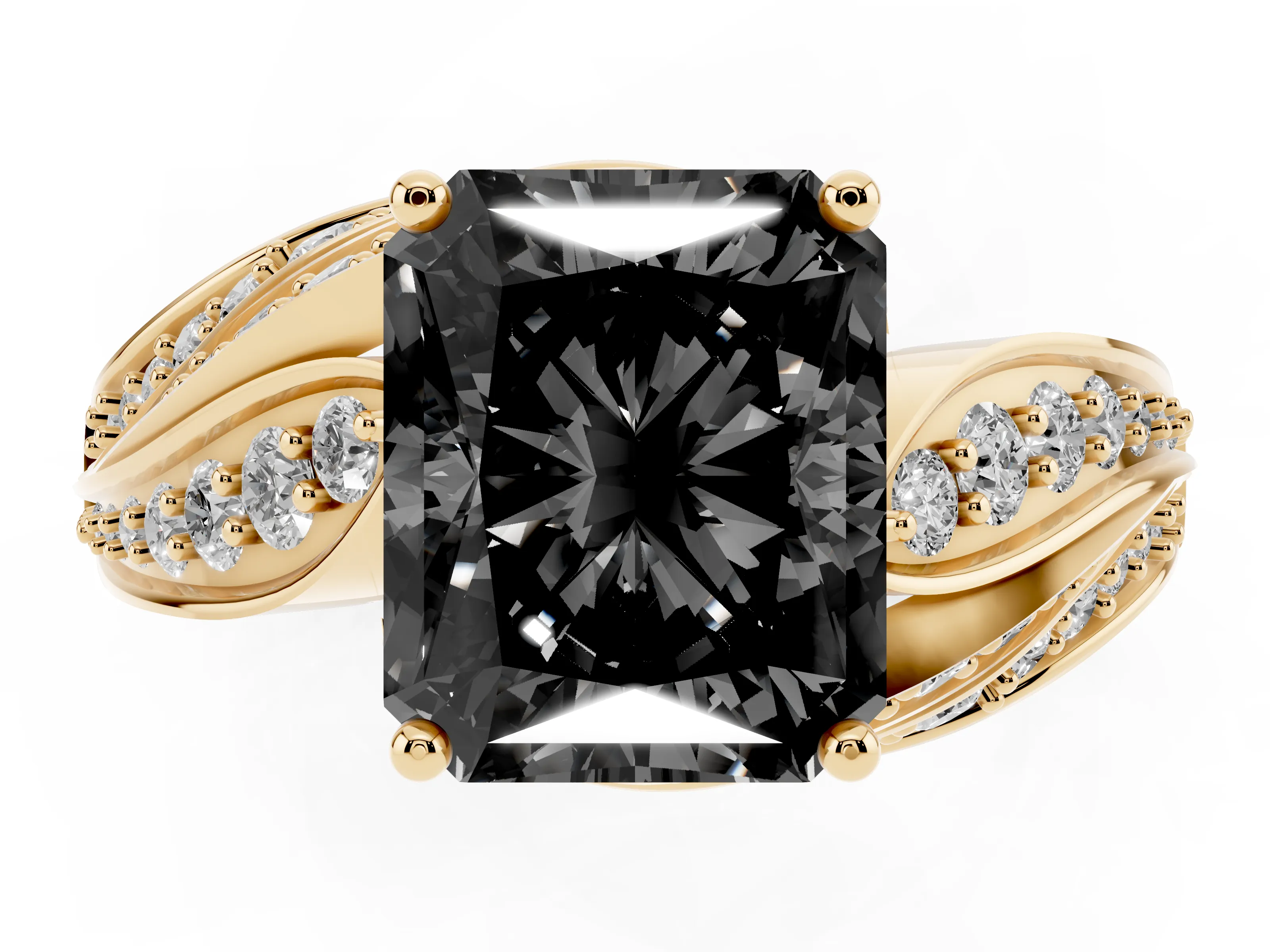 Fancy Black Radiant Cut Diamond Solitaire Ring Set in Yellow gold with Layered Twist Pavé Band