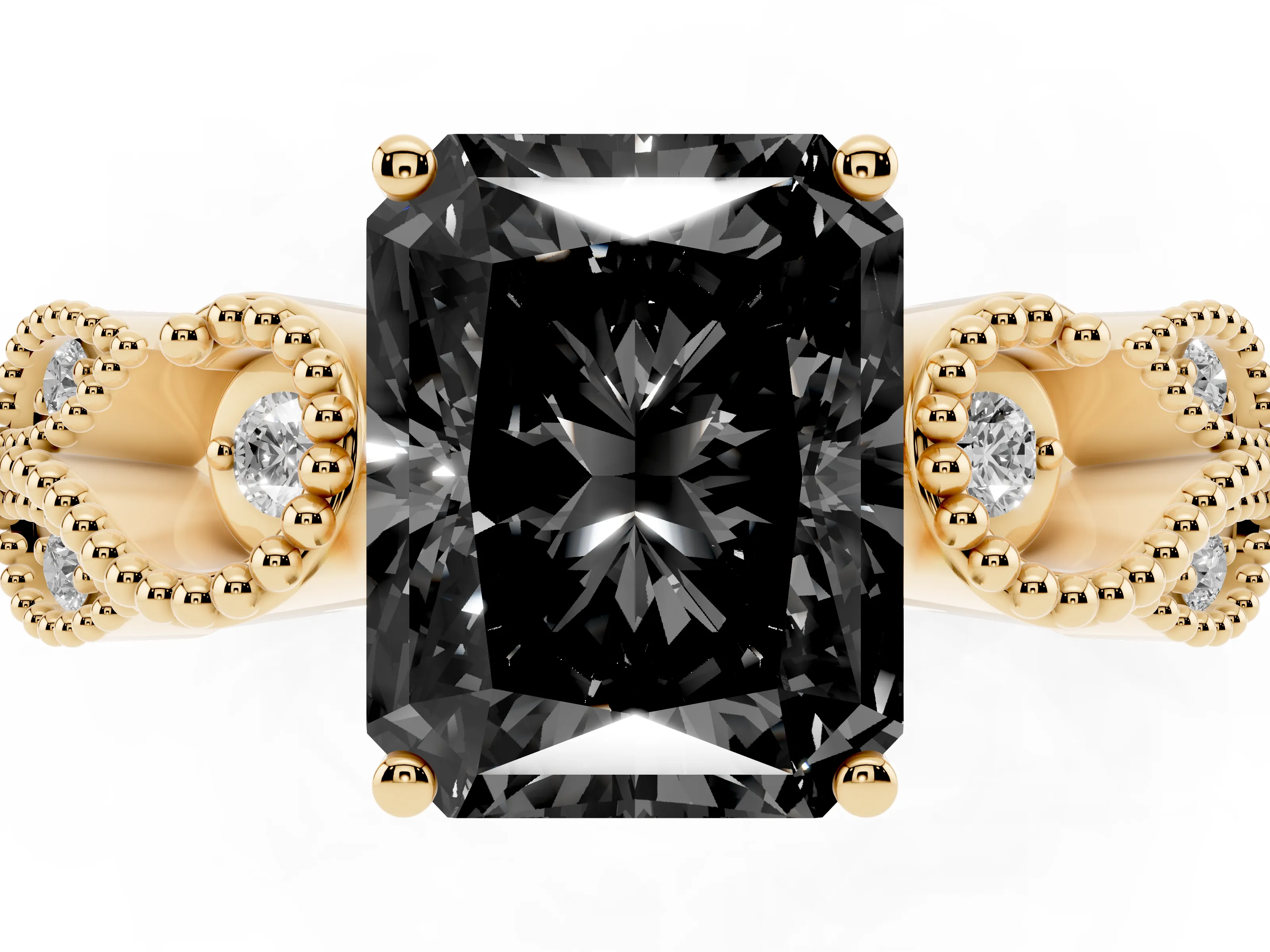Fancy Black Radiant Cut Diamond Milgrain Leaf Band Solitaire Ring Set in Yellow gold with Accent Stones and Prong Setting