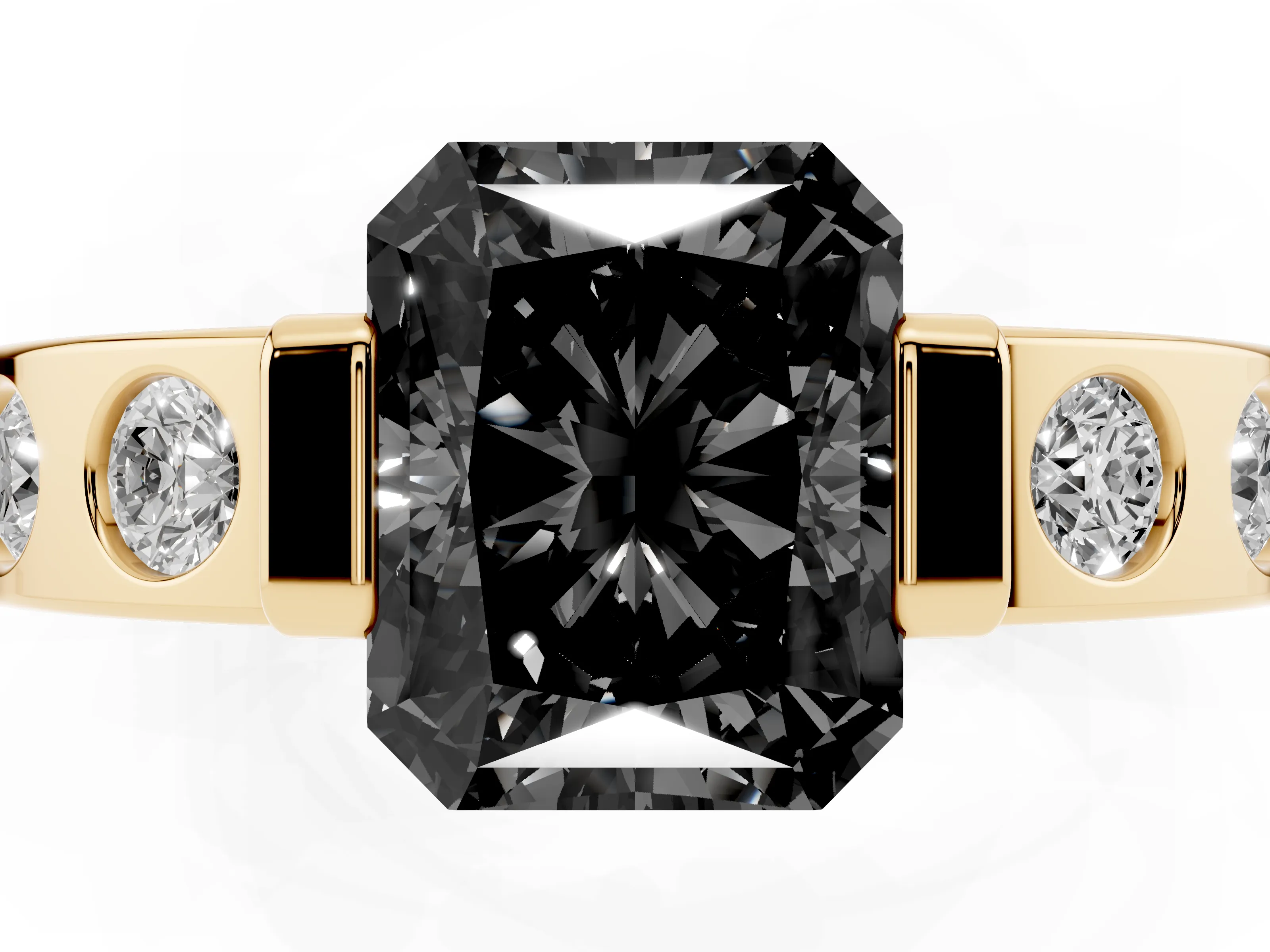 Fancy Black Radiant Cut Diamond Channel-Set Band Ring Set in Yellow gold with Bezel Prong Setting