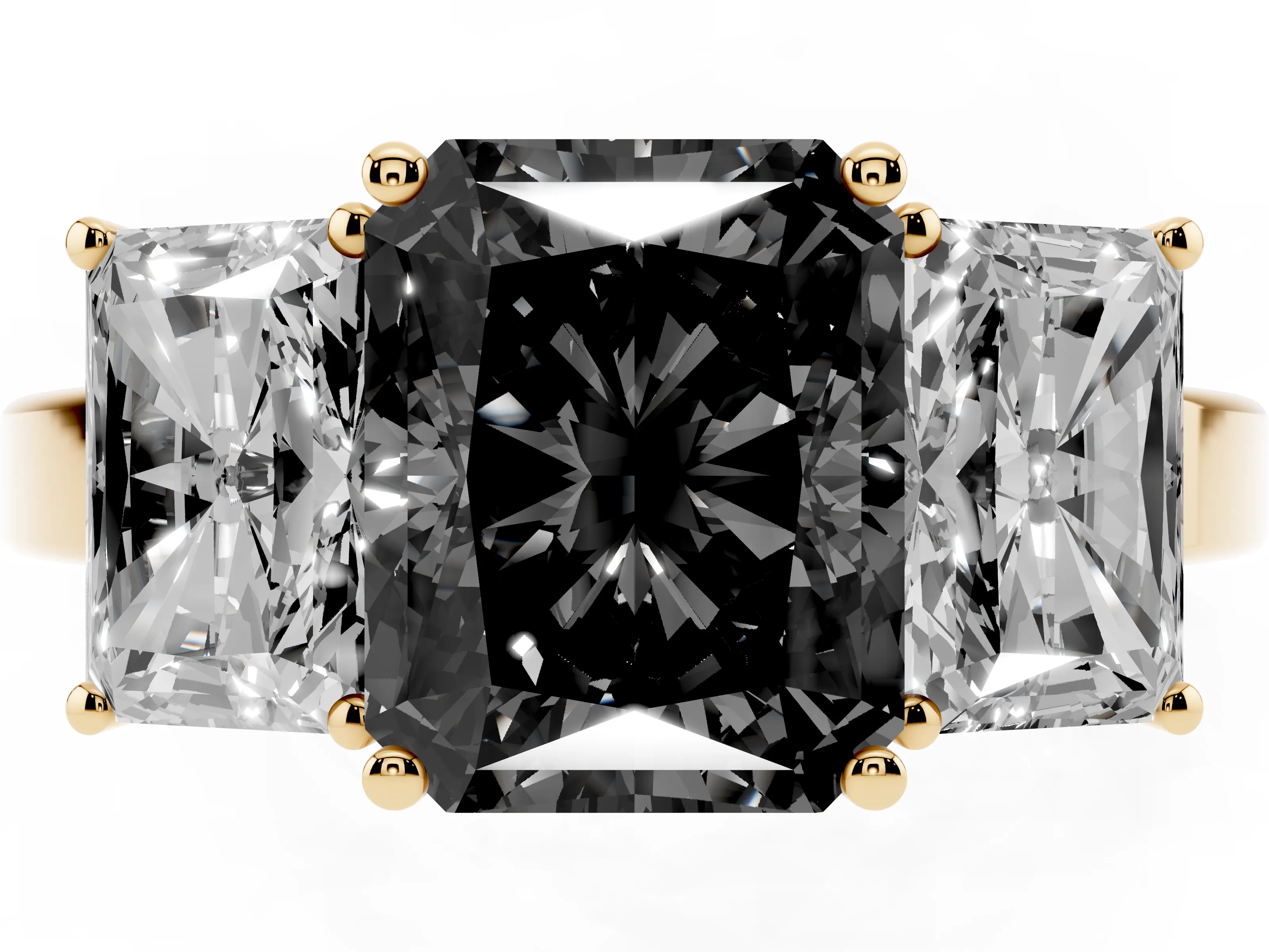 Fancy Black Radiant Cut Diamond Three-Stone Engagement Ring Set in Yellow gold with Flat Band