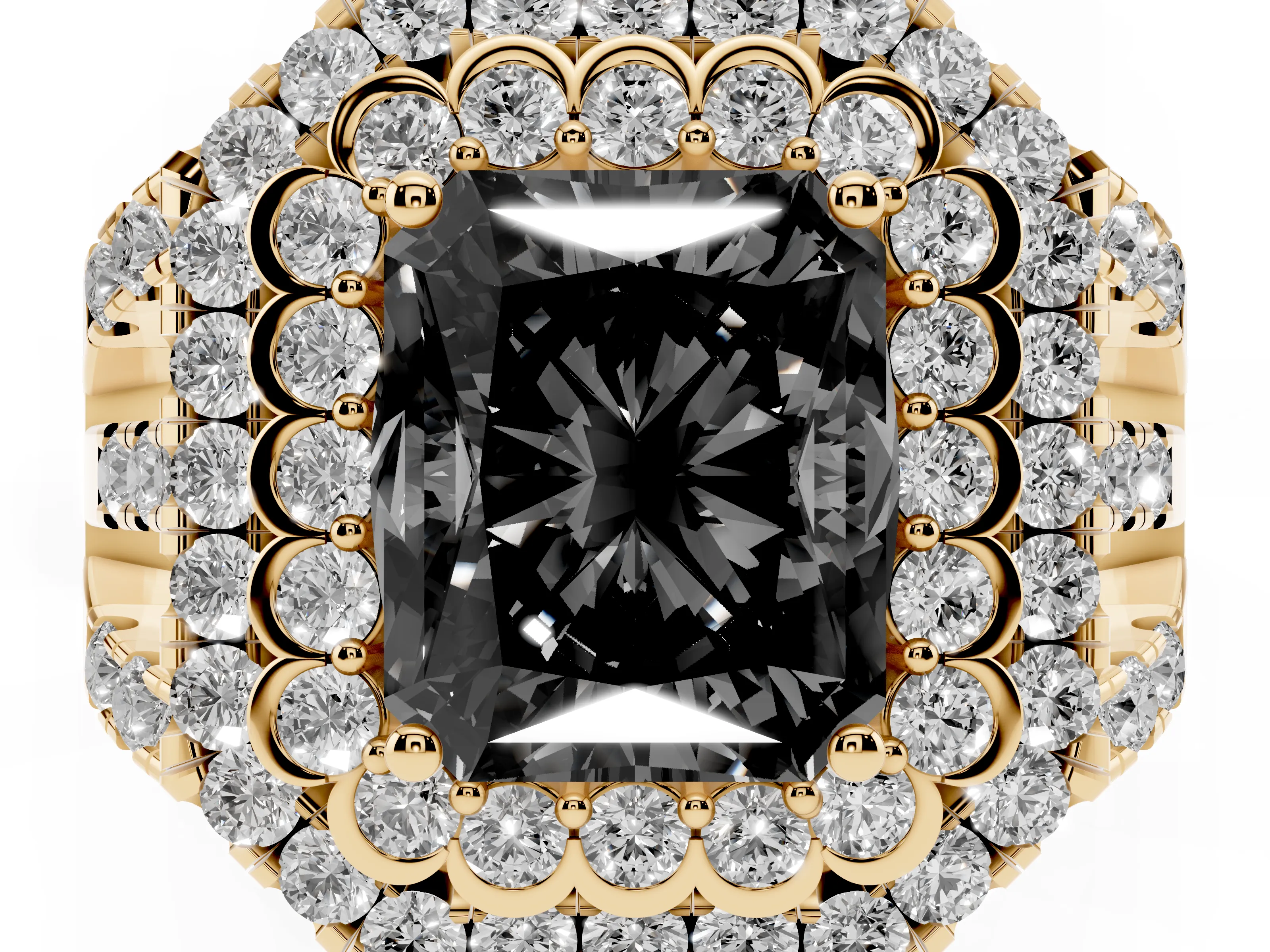 Fancy Black Radiant Cut Diamond Double Halo Ring Set in Yellow gold with Round Pavé Split Shank