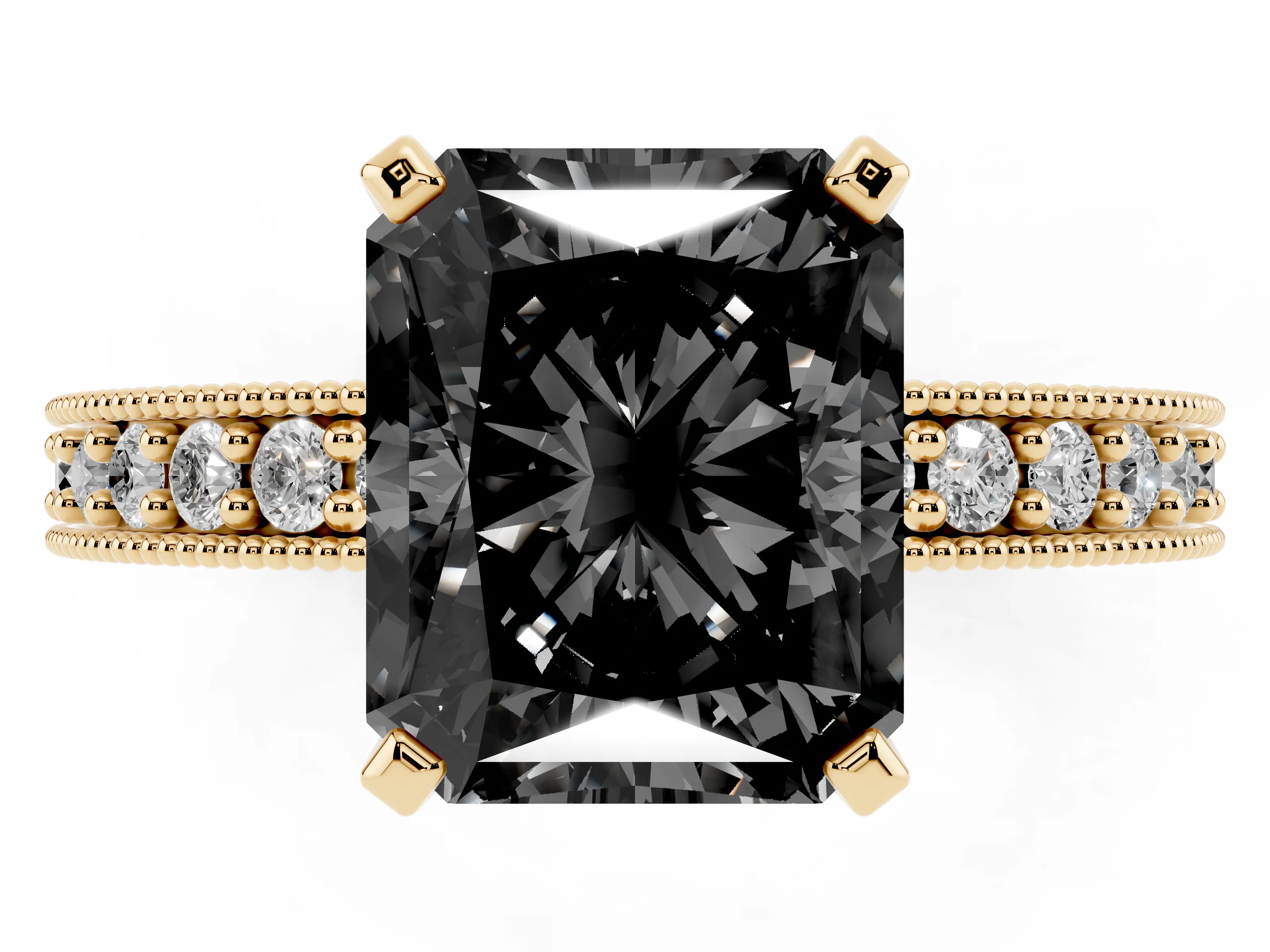 Fancy Black Radiant Cut Diamond Milgrain Pavé Engagement Ring Set in Yellow gold with Prong Setting