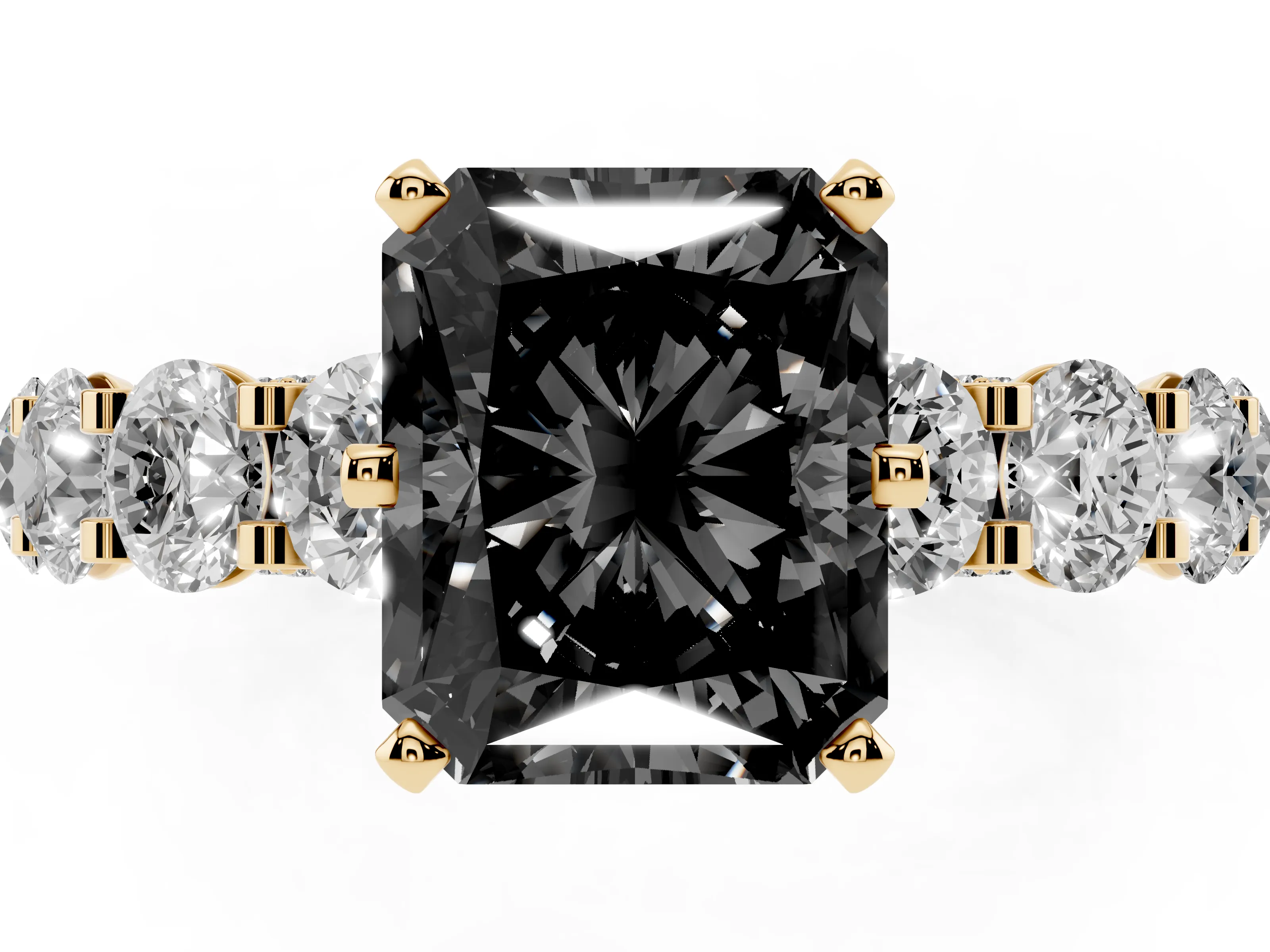 Fancy Black Radiant Cut Diamond Side Stone Ring Set in Yellow gold with Alternating Round and Oval Side Stones