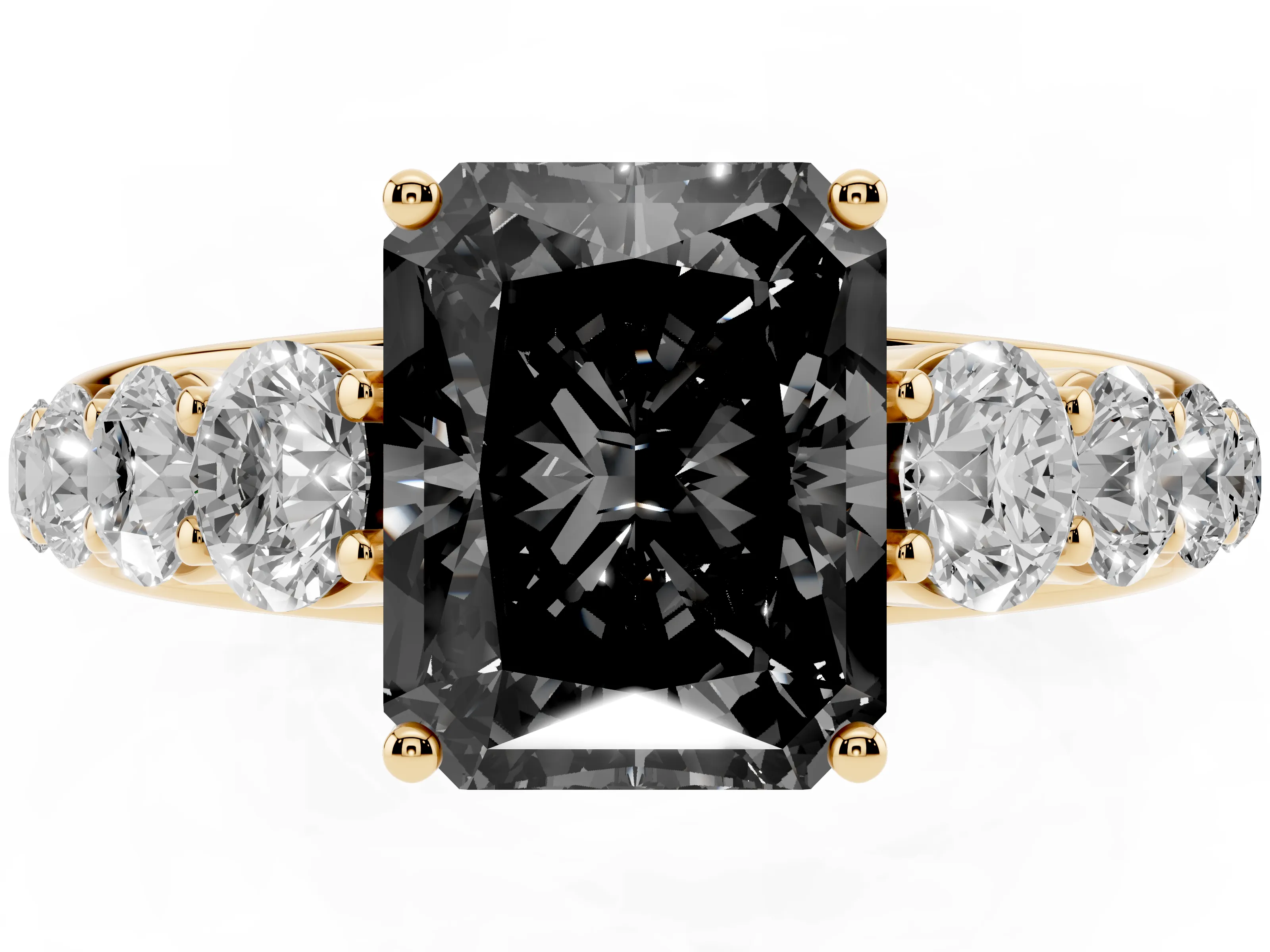 Fancy Black Radiant Cut Diamond Solitaire Ring Set in Yellow gold with Pavé-Set Band and Prong Setting