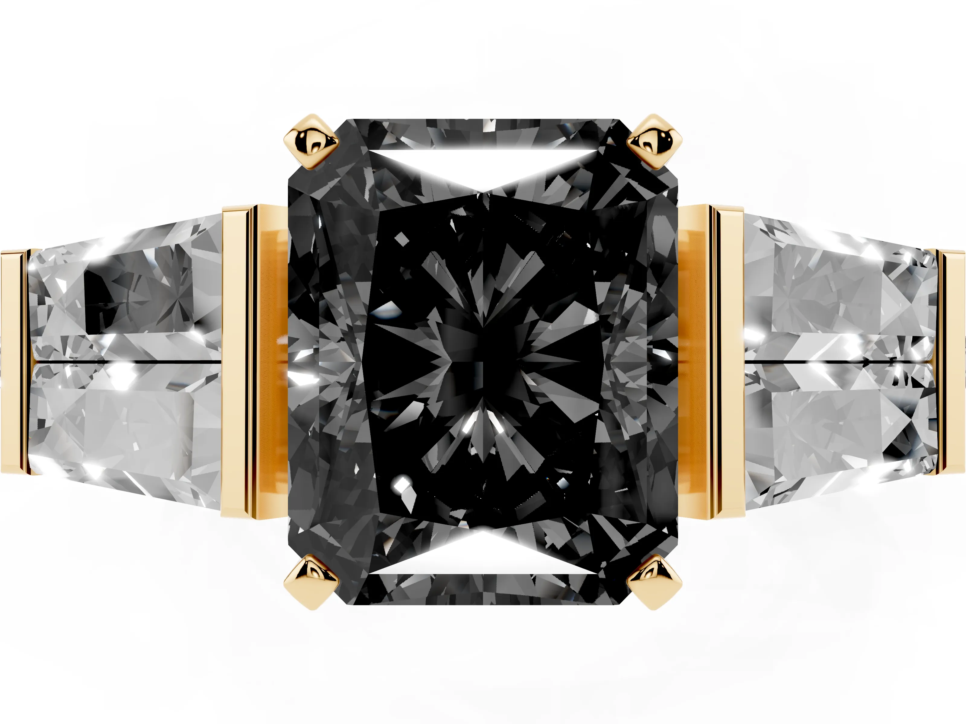 Fancy Black Radiant Cut Diamond Engagement Ring Set in Yellow gold with Baguette Side Stones and Channel Set Band