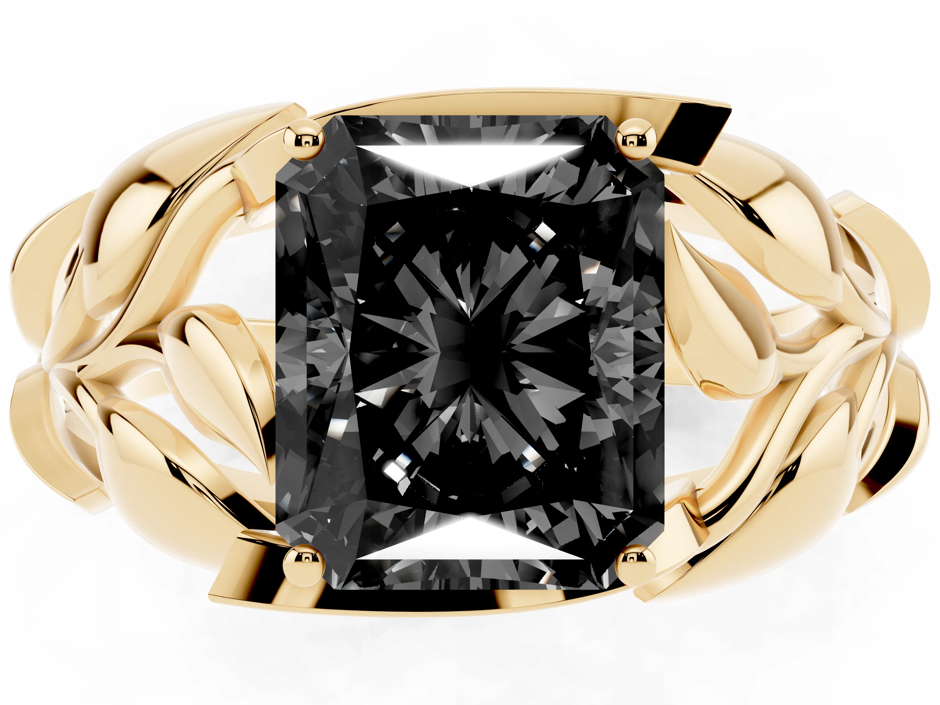 Fancy Black Radiant Cut Diamond Leaf-Inspired Engagement Ring Set in Yellow gold with Round Accents
