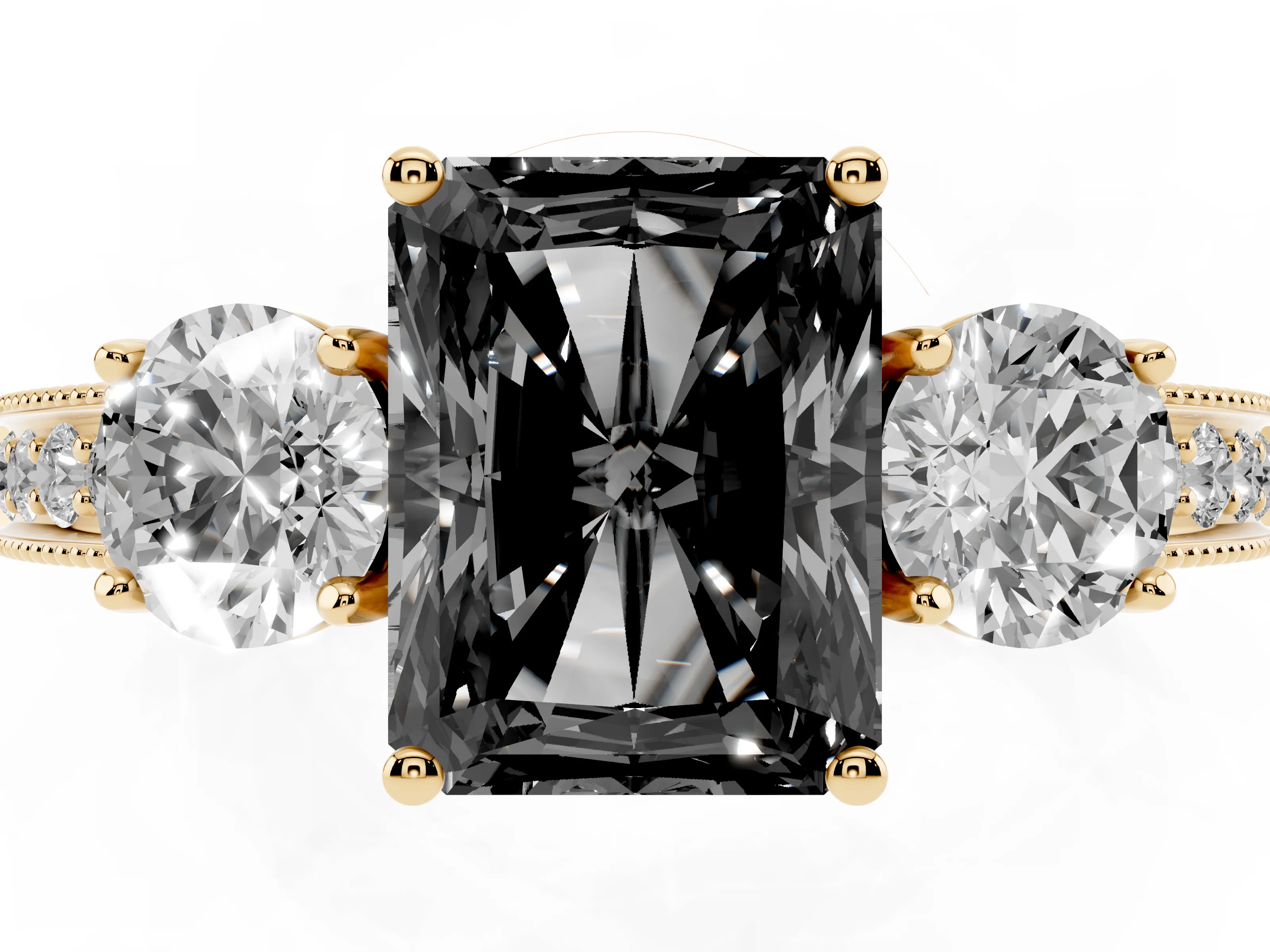 Fancy Black Radiant Cut Diamond Three-Stone Ring Set in Yellow gold with Round Side Stones and Pavé Band