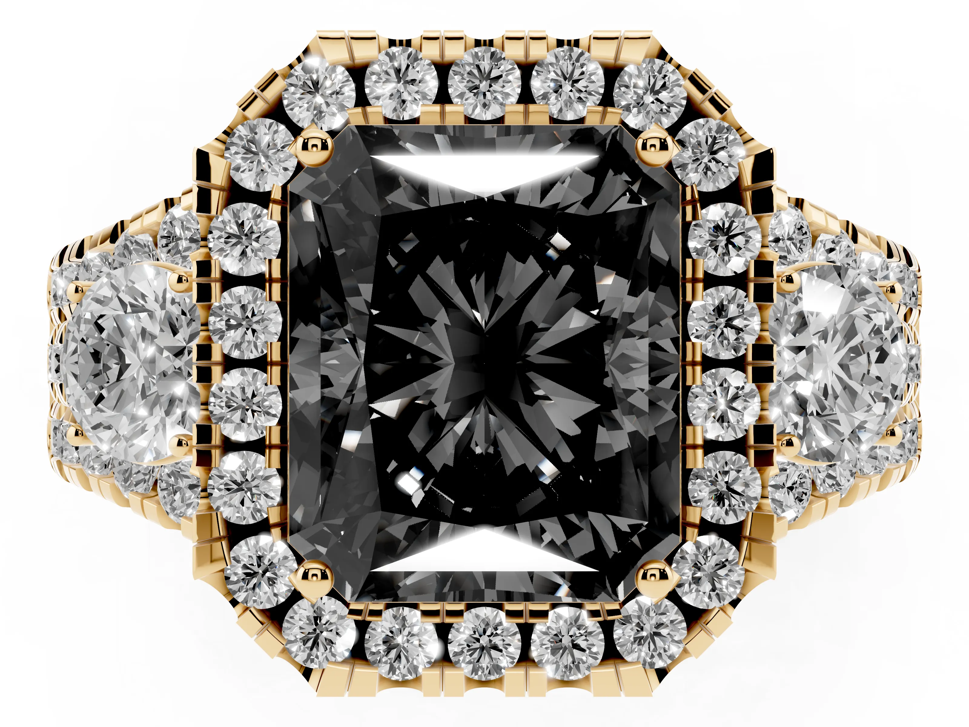 Fancy Black Radiant Cut Diamond Halo Split Shank Ring Set in Yellow gold with Round Accent Stones and Prong Setting