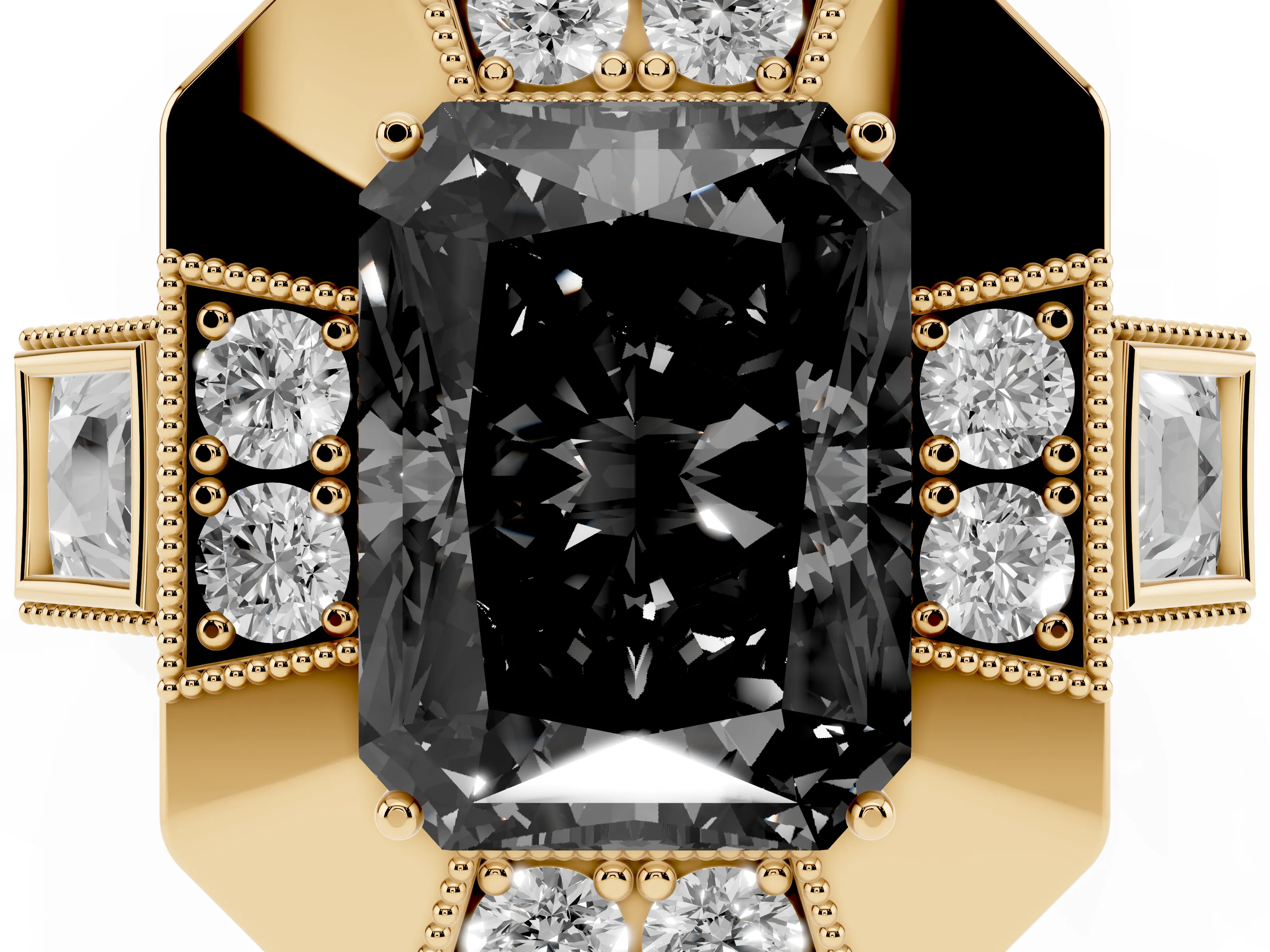 Fancy Black Radiant Cut Diamond Milgrain Halo Ring Set in Yellow gold with Split Shank