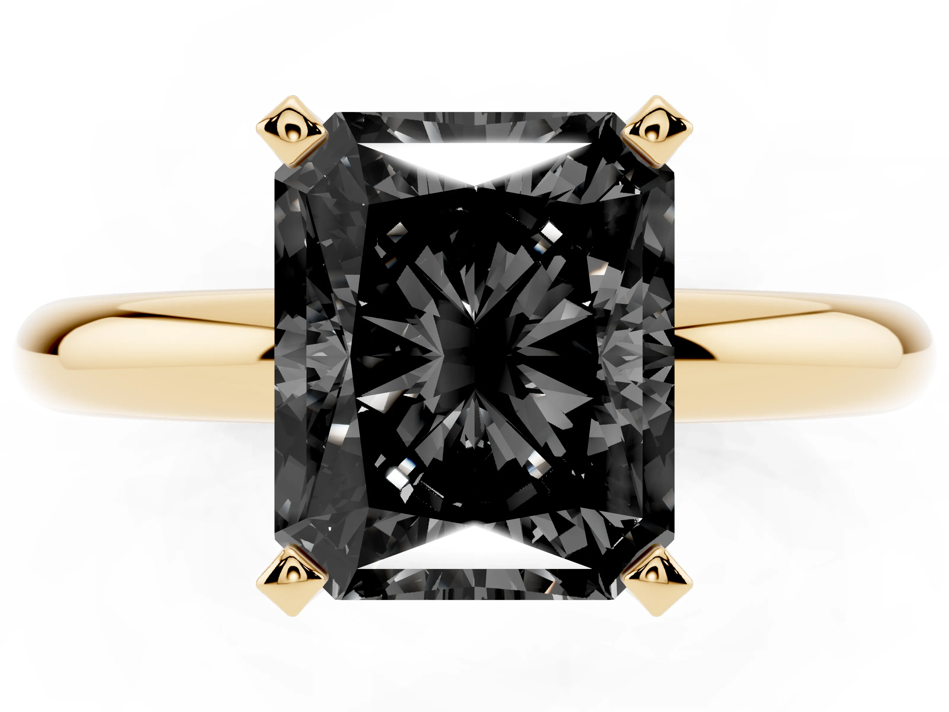Fancy Black Radiant Cut Diamond Solitaire Engagement Ring Set in Yellow gold with Round Band and Prong Setting