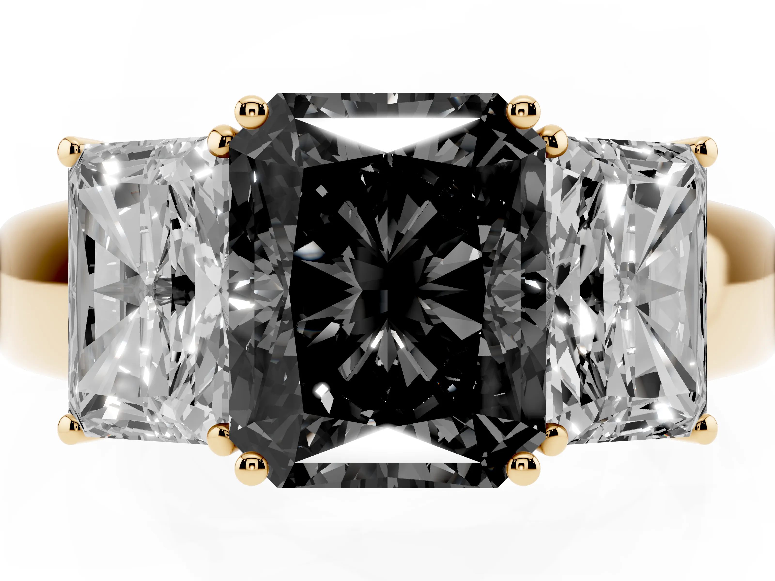 Fancy Black Three-Stone Radiant Cut Diamond Ring Set in Yellow gold with Matching Prong Settings and Plain Band