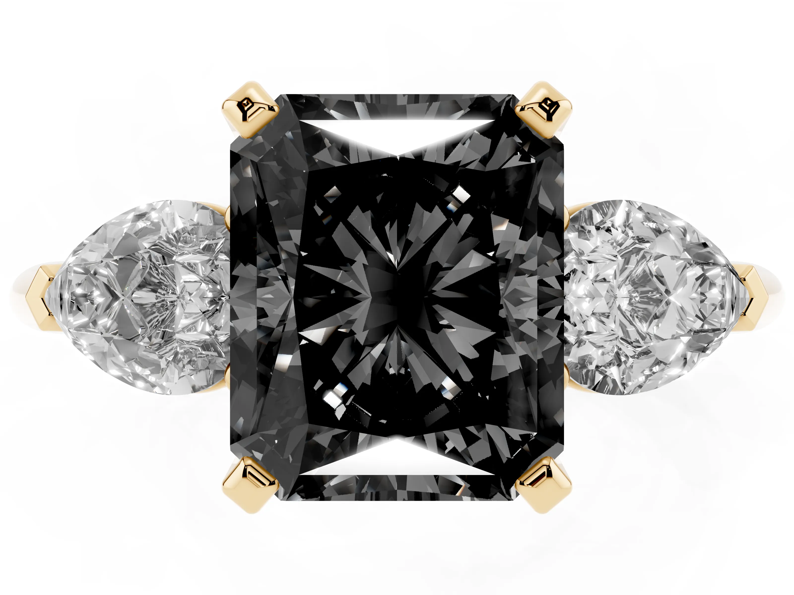 Fancy Black Three-Stone Radiant Cut Diamond Ring Set in Yellow gold with Pear Side Stones and Prong Setting