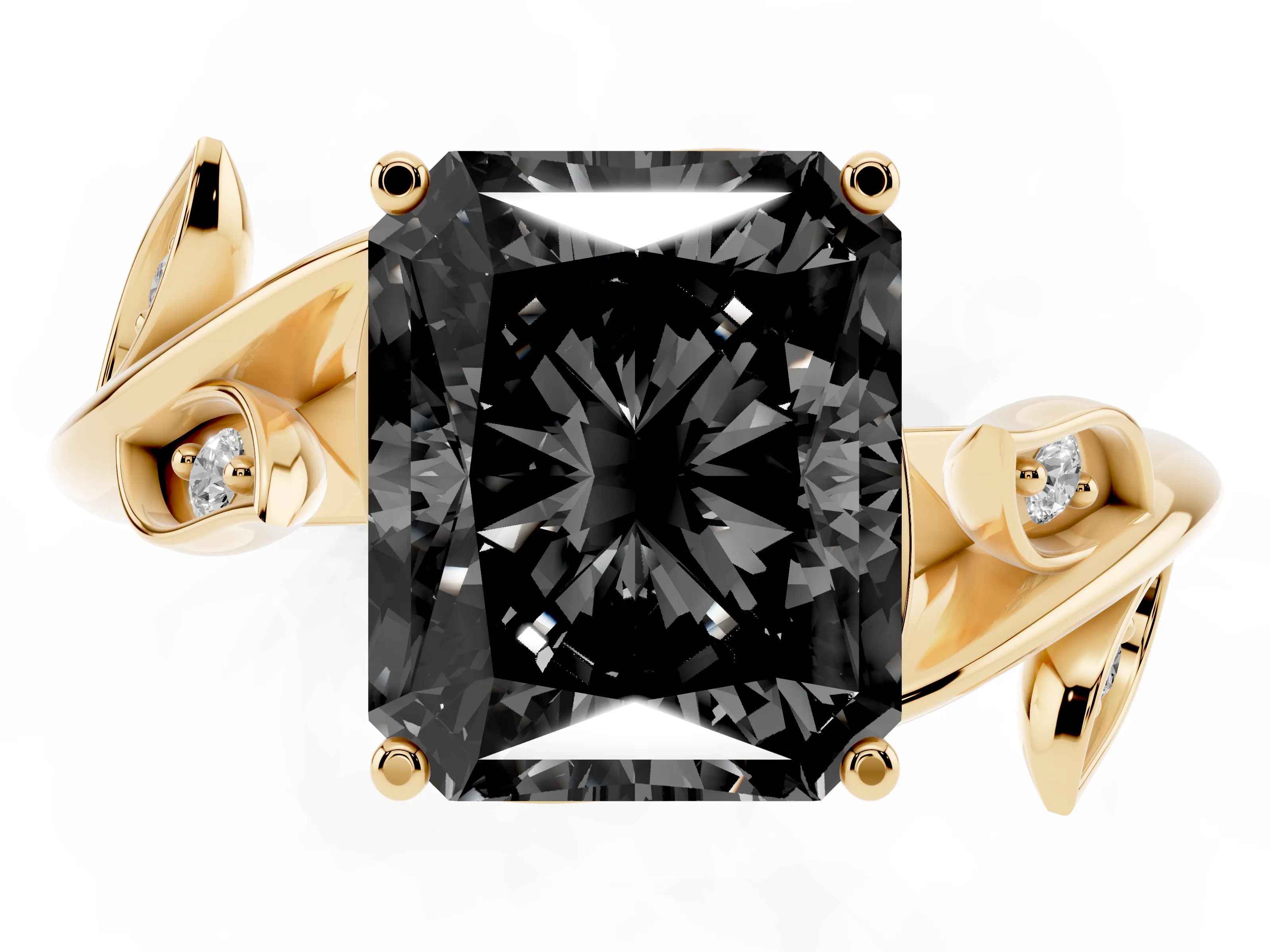 Fancy Black Radiant Cut Diamond Solitaire Twist Engagement Ring Set in Yellow gold with Pavé Leaf Accents