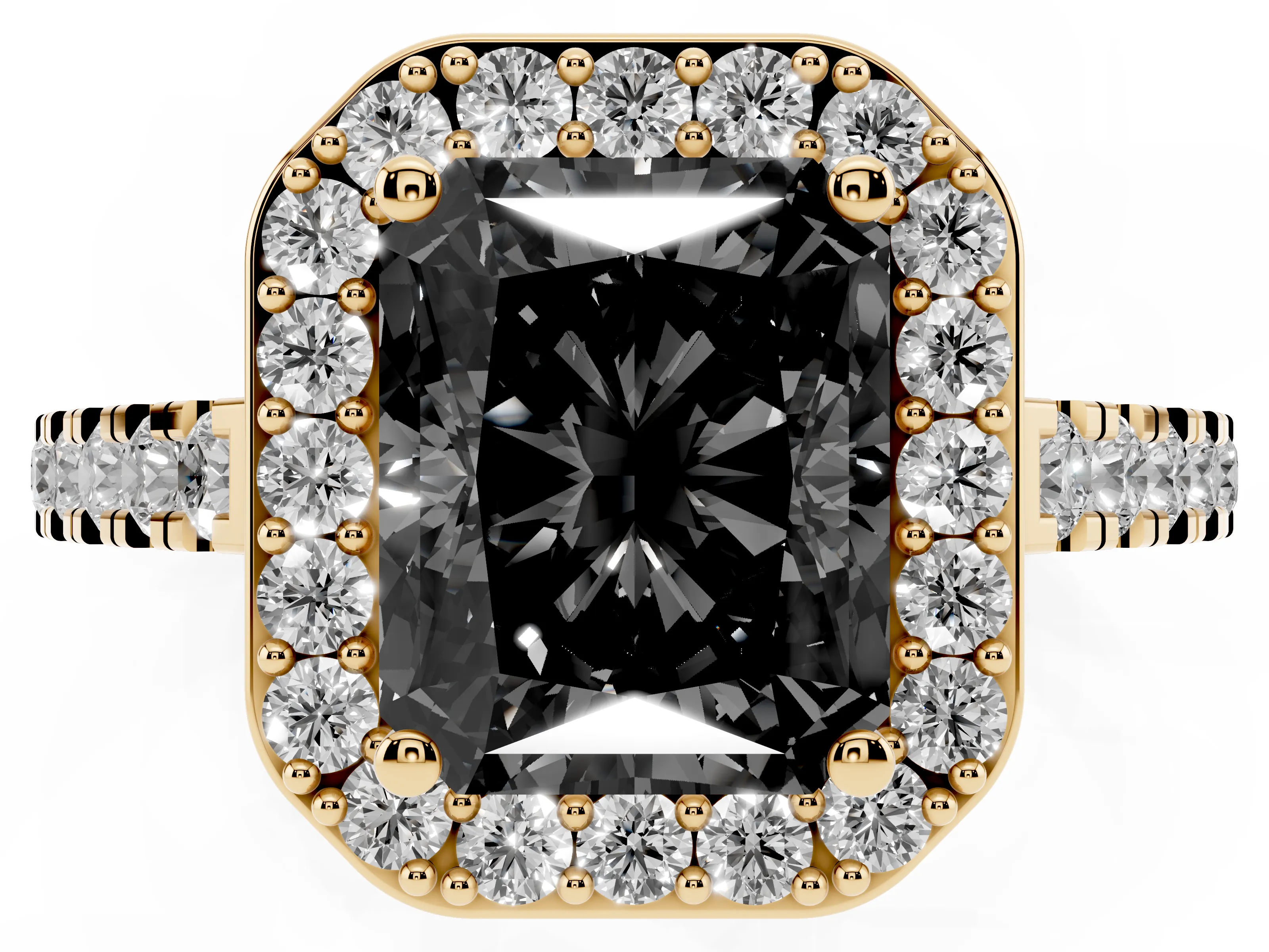 Fancy Black Radiant Cut Diamond Halo Ring Set in Yellow gold with Round Pavé Split Shank and Prong Setting